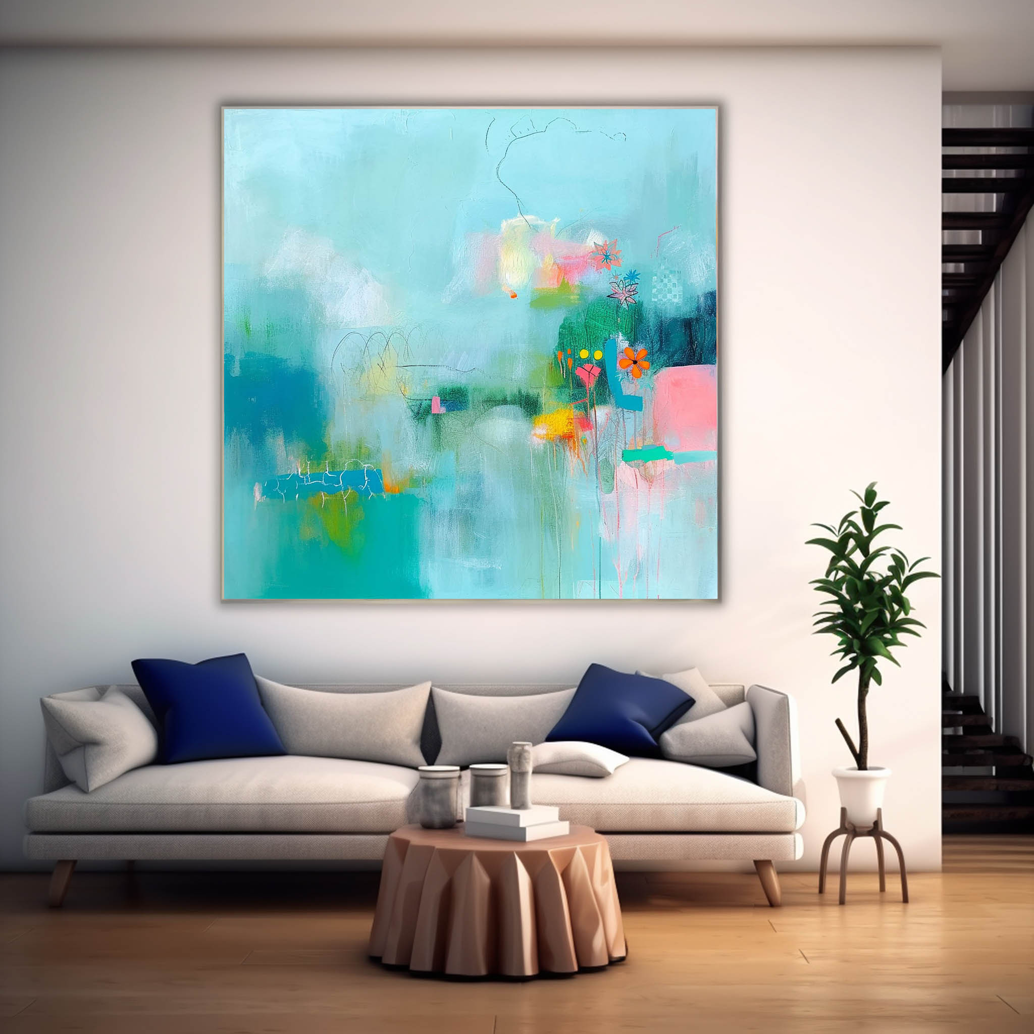 Bright Blue Abstract Painting Canvas Original Abstract Art For Sale Contemporary New Abstract Painting For Living Room