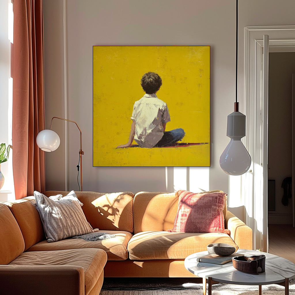 Minimalist Boy View Of Back Painting Bright Yellow Wall Art Abstract Warm atmosphere Art For Living Room
