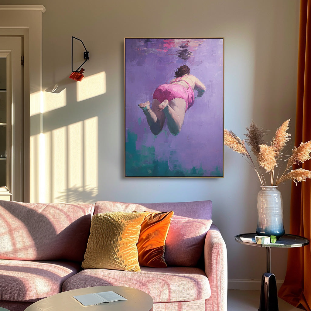 Purple Original Girl swimming Wall Art Diving In Ocean Sensual Woman Acrylic Painting Cute Lady Artwork