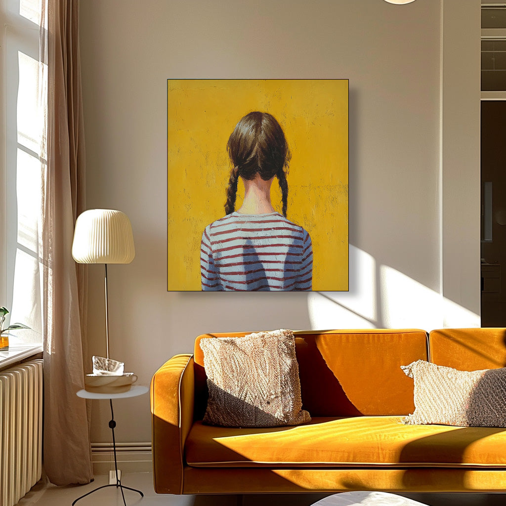 Minimalist Child Back View Painting Original Yellow Wall Art Abstract Twin-Tailed Girl Art For Living Room