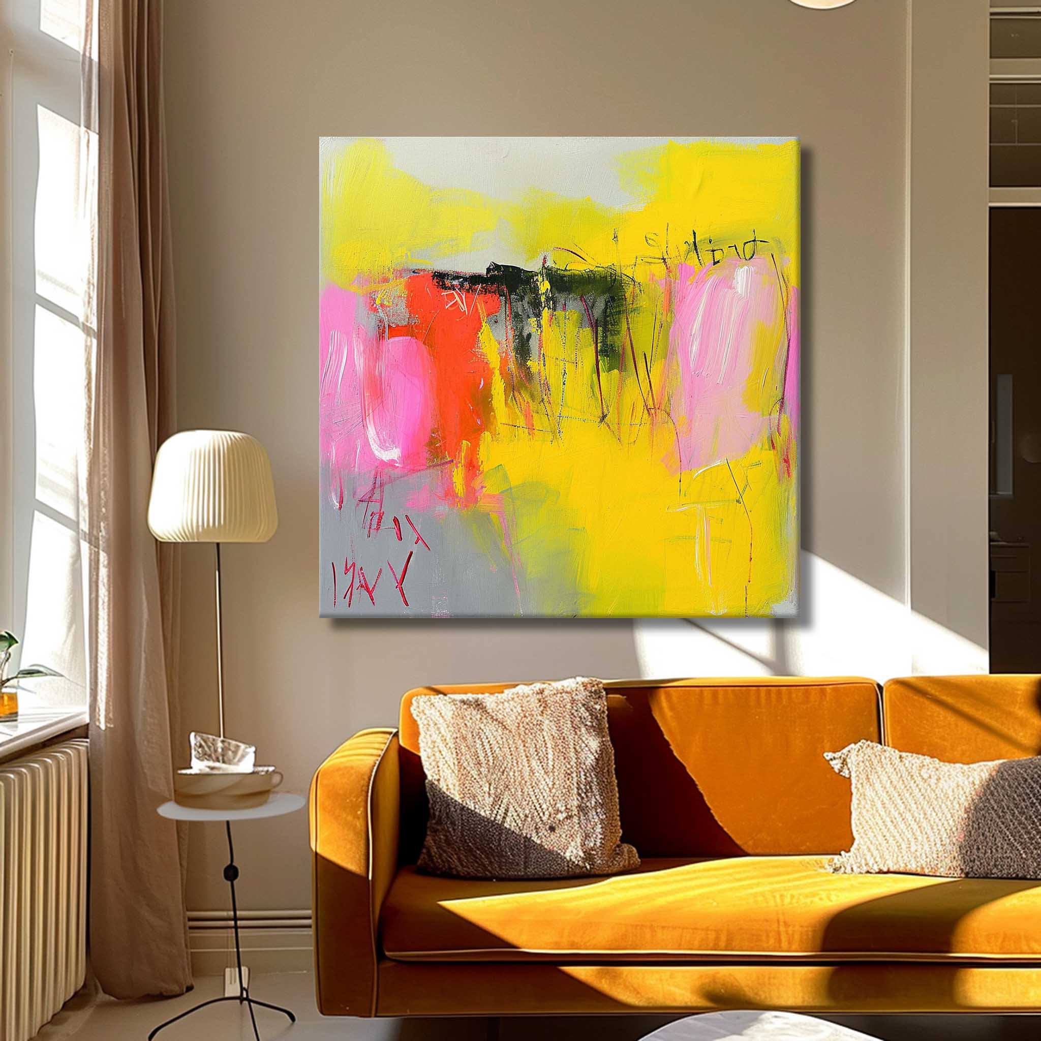 New Abstract Painting Yellow Original Hand Painted Wall Art Contemporary Abstract Art For Sale
