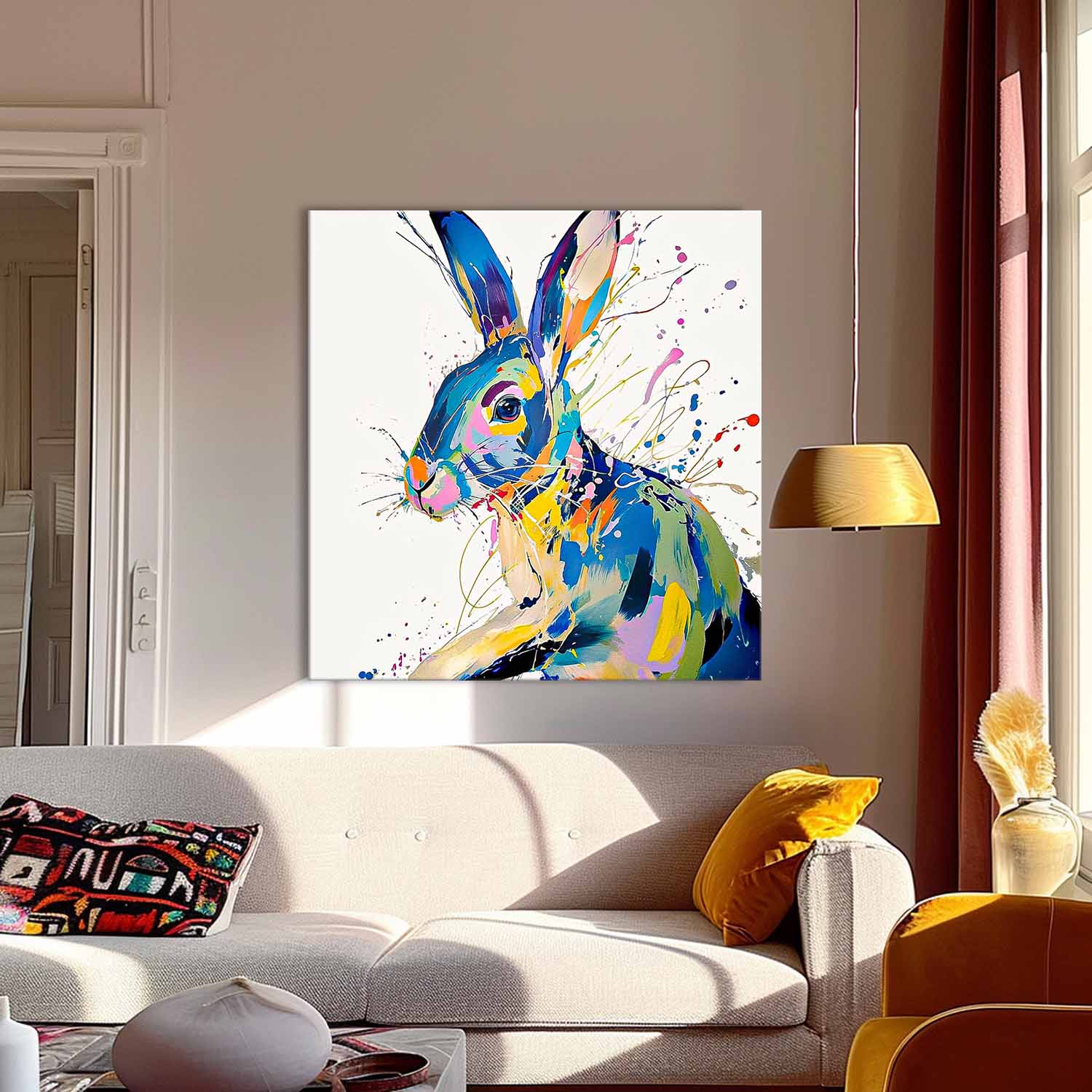 Original Lovely Rabbit Wall Art Square Bunny Oil Painting Canvas Large Colorful Animal Artwork Home Decor