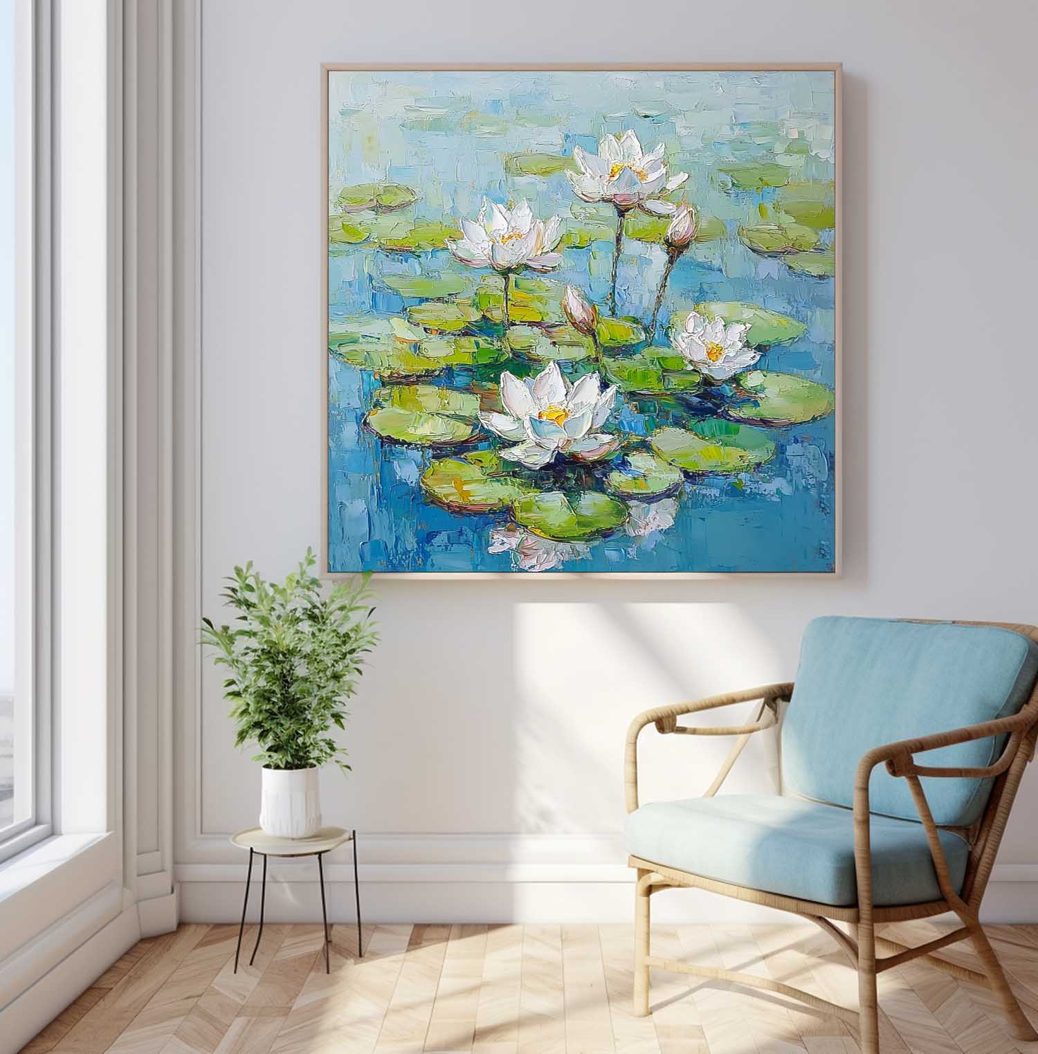 Square Contemporary White Lotus Floral Painting Large Textured Abstract Flower Paintings Original Artwork