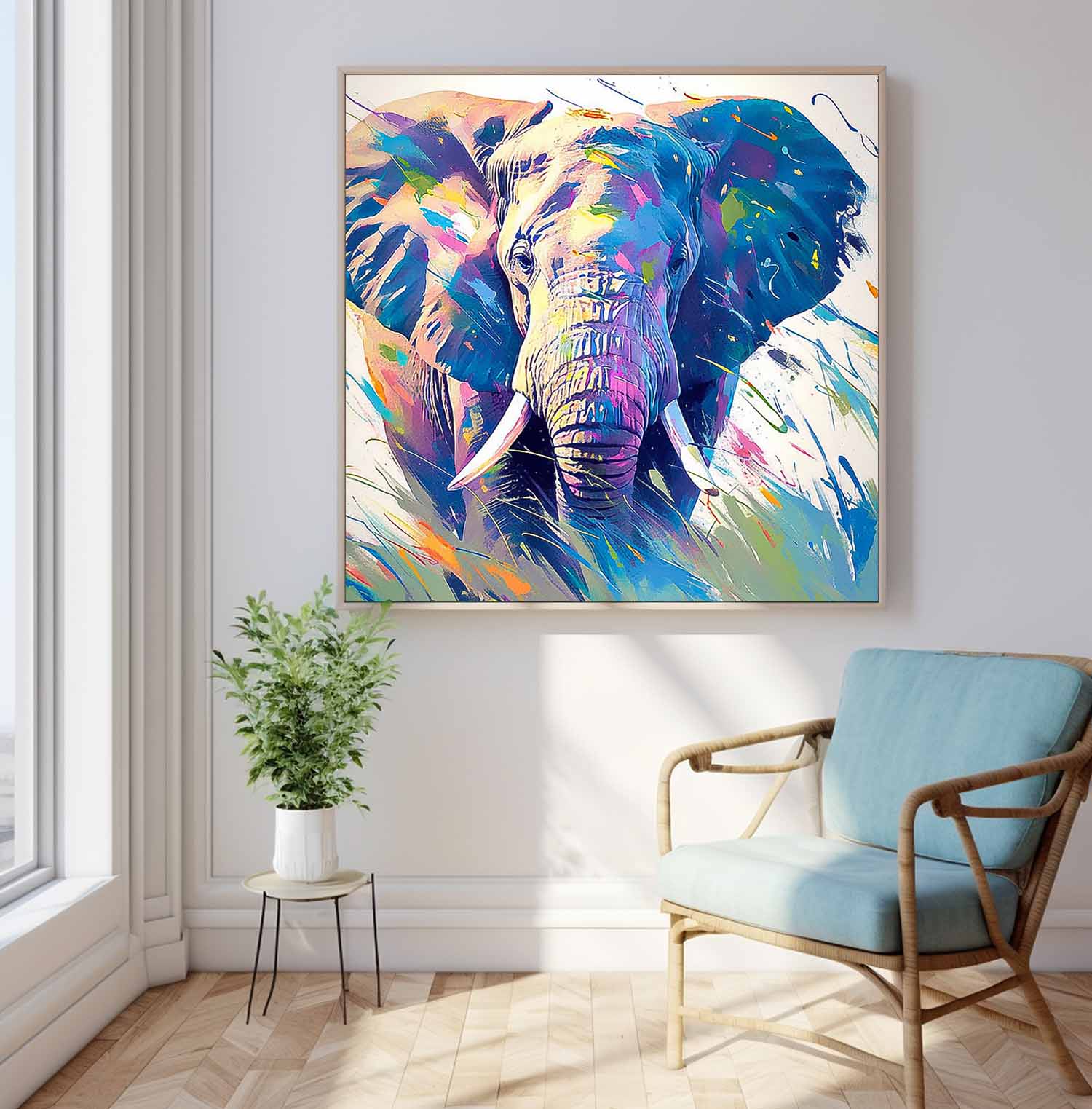 Original Lovely Elephants Wall Art Square Elephants Oil Painting Canvas Large Colorful Animal Artwork Home Decor