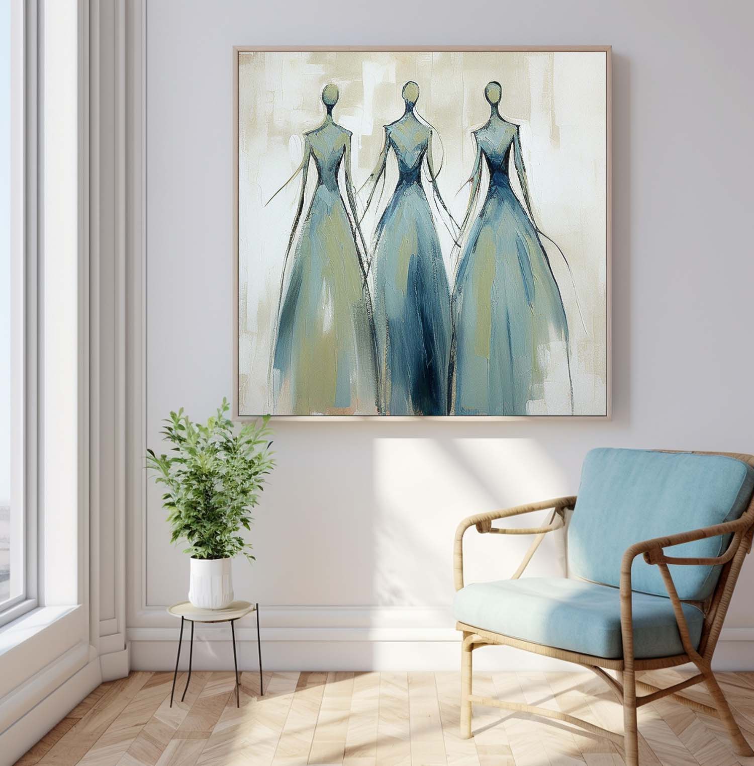 Original Blue Figure Acrylic Painting Canvas Colorful Abstract Wall Art Square Large Portrait Artwork