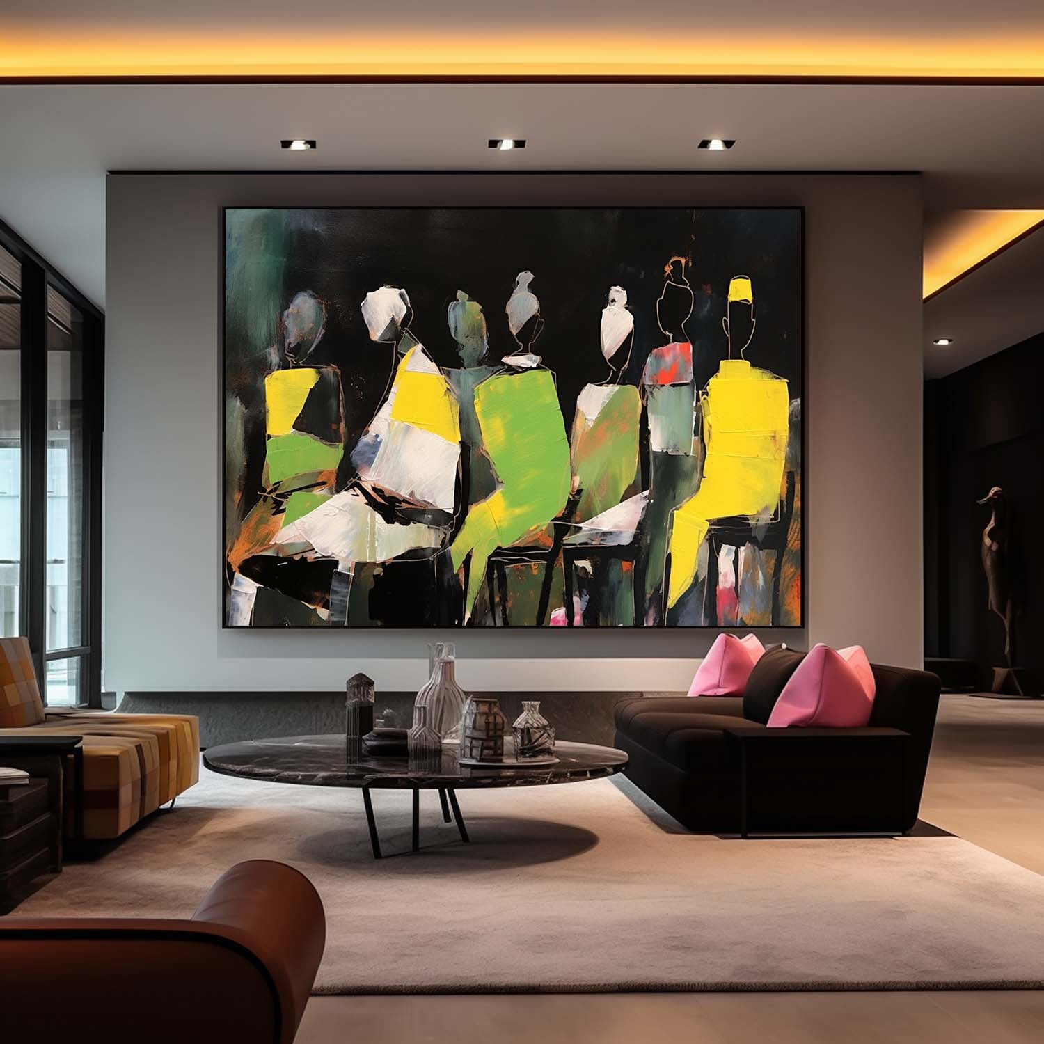 Large Modern Abstract Fluorescent Color Figure Silhouette Canvas Art Abstract People Painting Contemporary Art