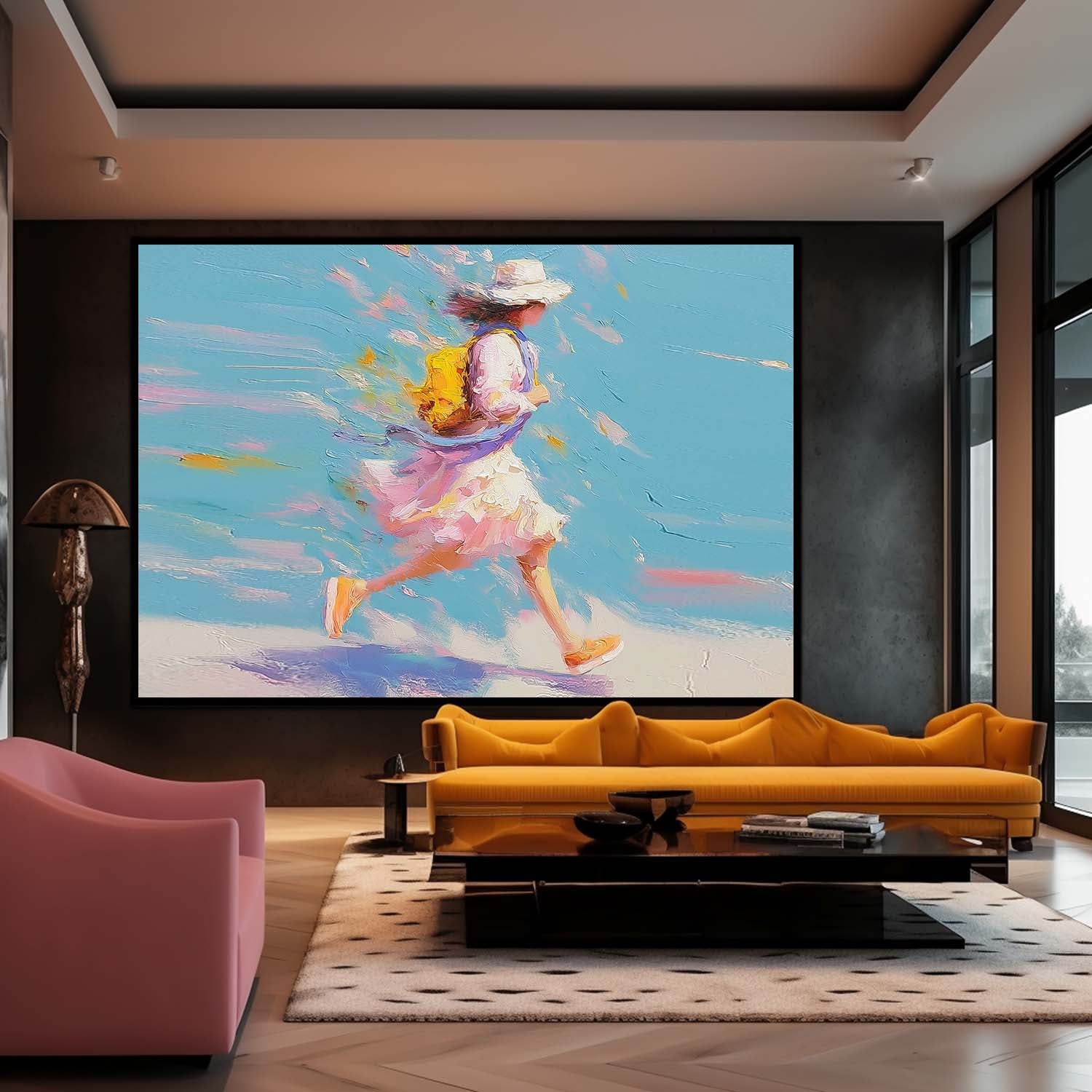 Extra Large Horizontal Abstract Women Wall Art Vibrant Pink & Yellow Lady Painting Textured Impasto Art