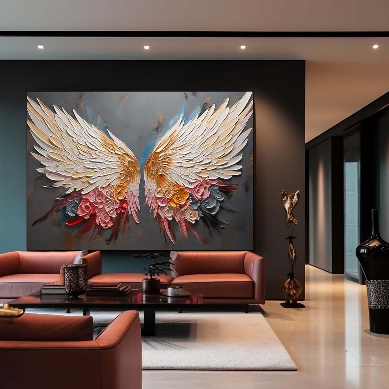 Abstract Angel Wing Flowers Oil Painting On Canvas Large Wall Art Original Wing Art Boho Wall Decor Gift for Her
