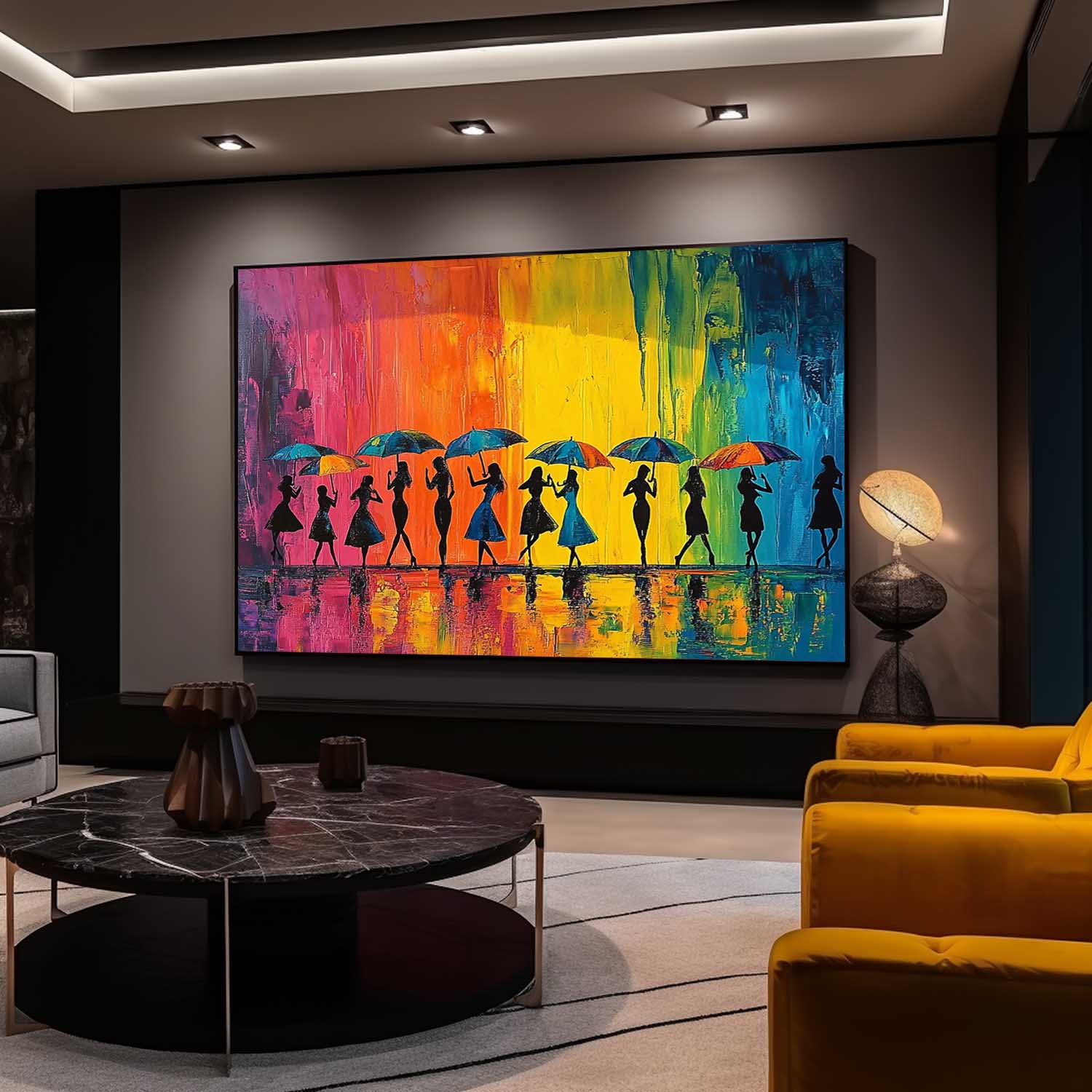 Original People Silhouette Artwork Expressive Rainy Street Modern Acrylic Painting Large Colorful Wall Art