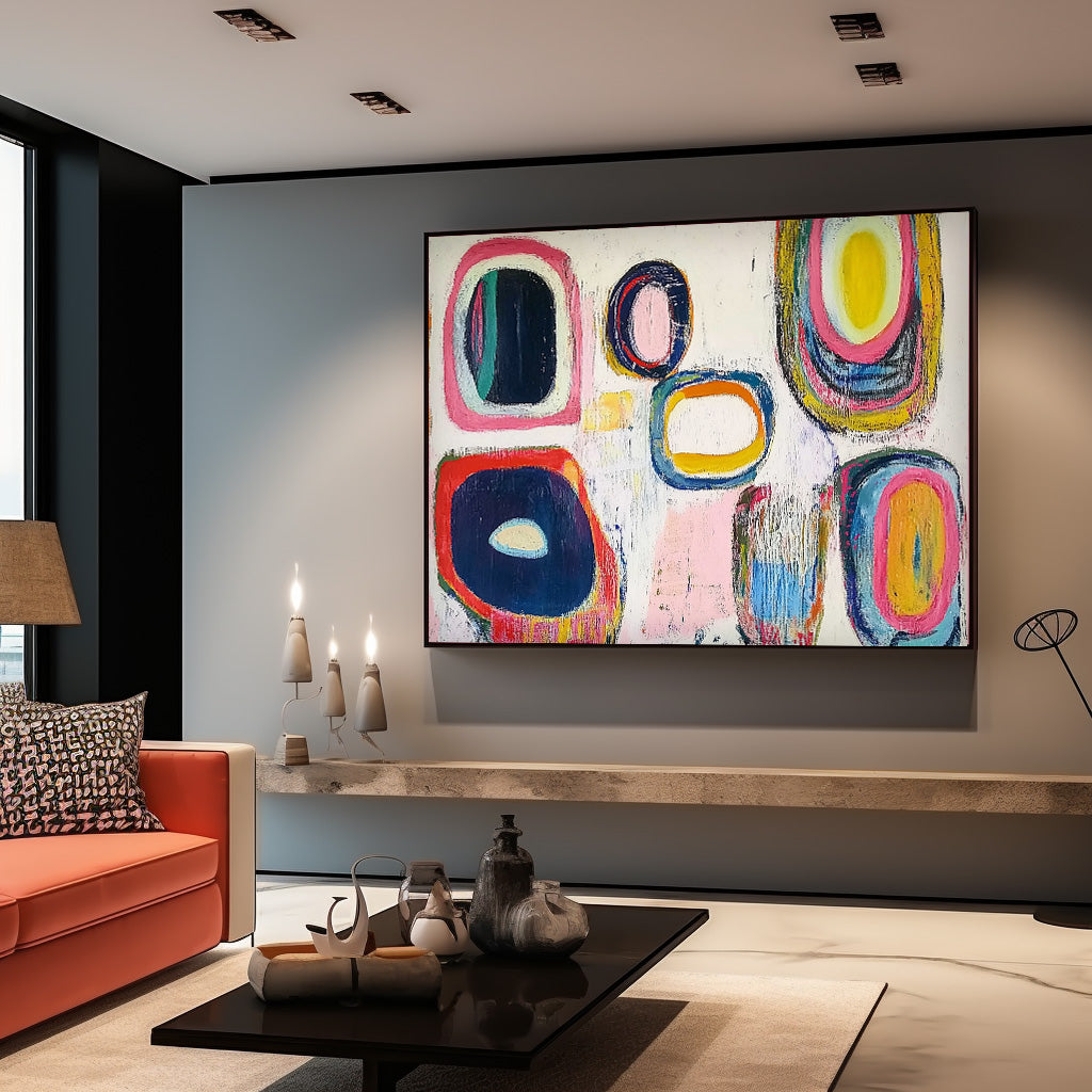 White Abstract Oil Painting Modern Colorful Handmade Artwork Original Irregular Geometric Circles Wall Art