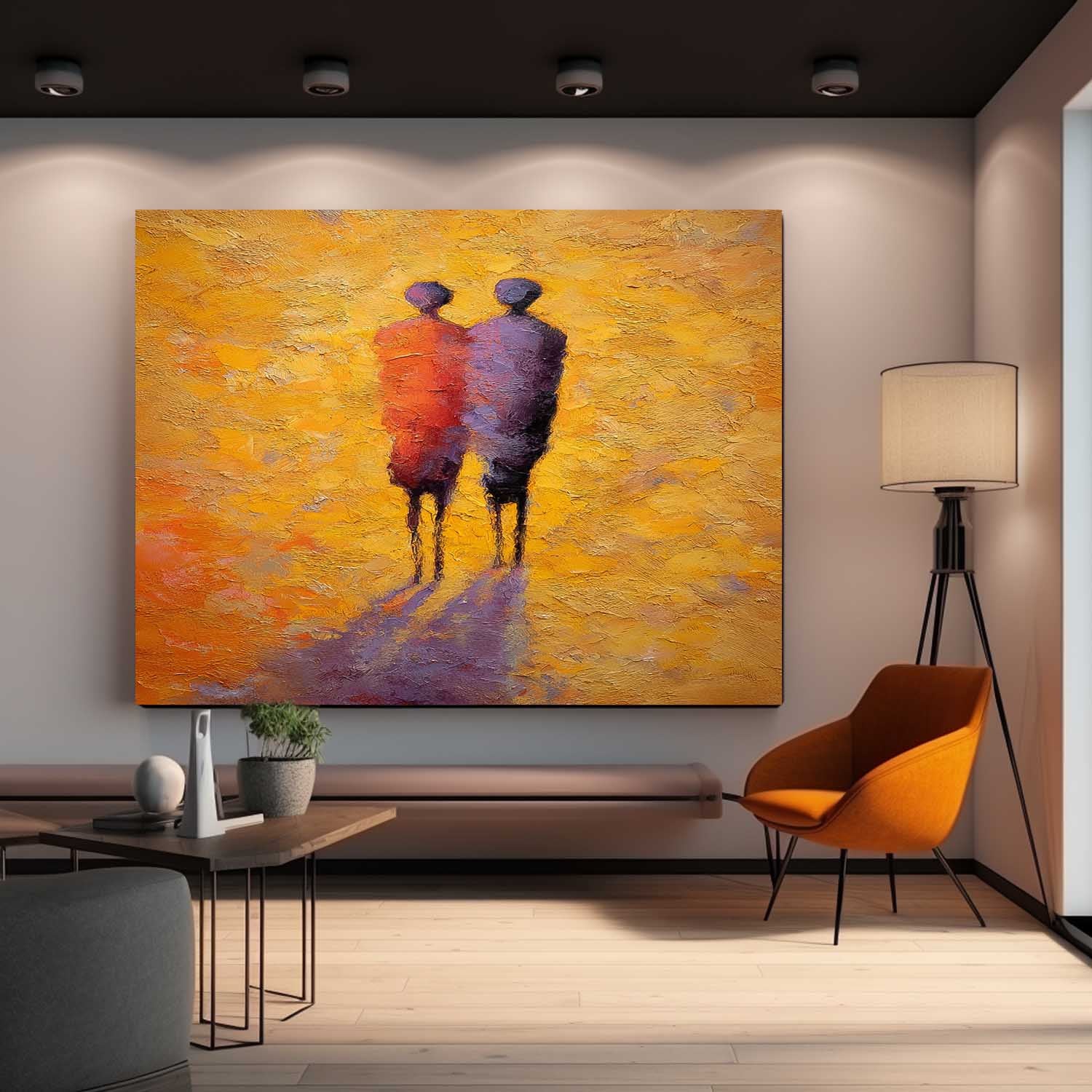 Original Two Figures Silhouette Abstract Painting Warm Tones Couple Friendship Wall Art Decor