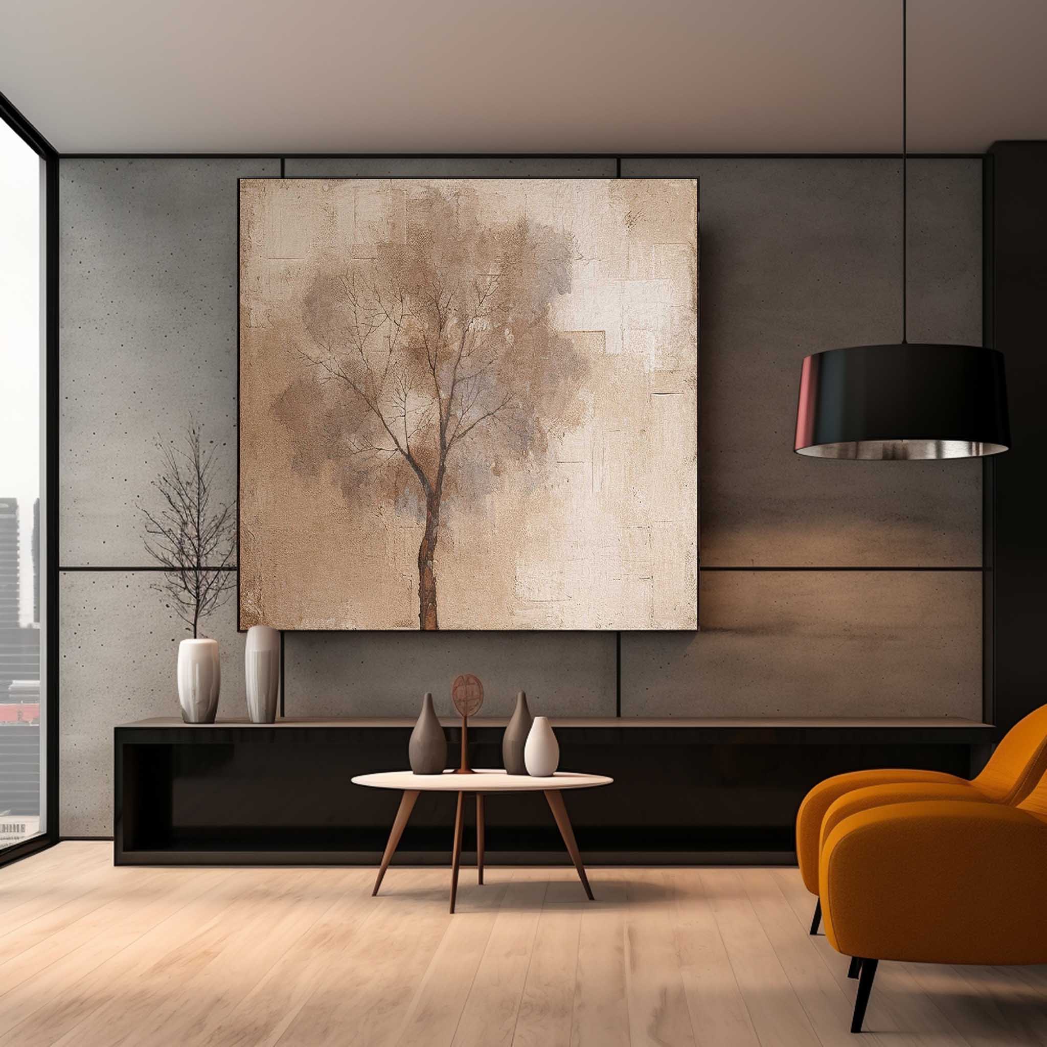 Abstract Ink Tree Art Beige Square Acrylic Painting Canvas Original Painting For Living Room