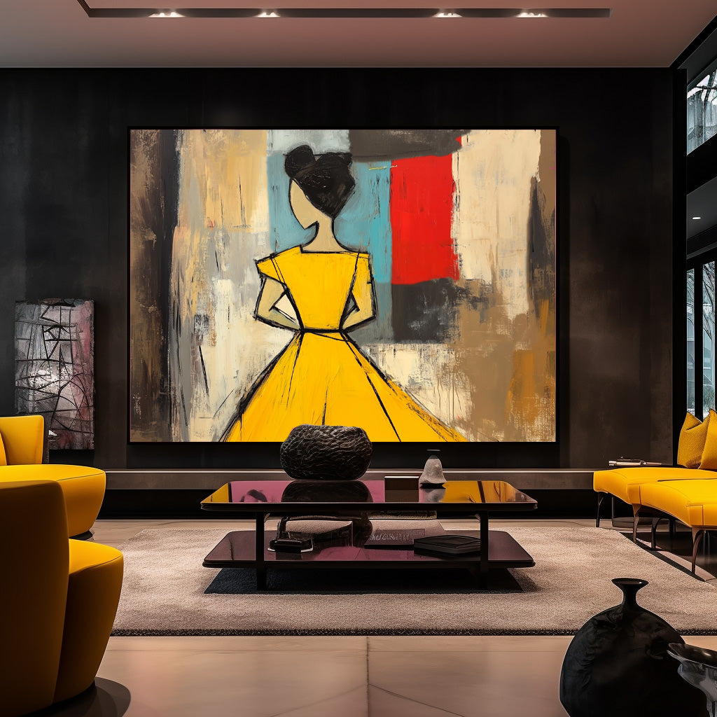 Contemporary Horizontal Wall Art Modern Minimal Abstract Lady Oil Painting Yellow Figure Contour Home Decor