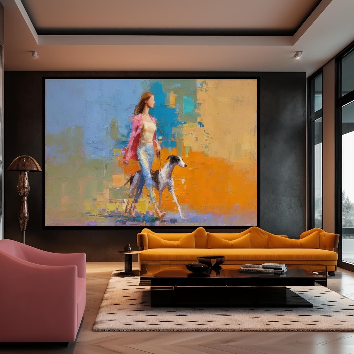 Modern Impressionist Painting Elegant Woman Walking Greyhound Dog Colorful Figurative Abstract Contemporary Art