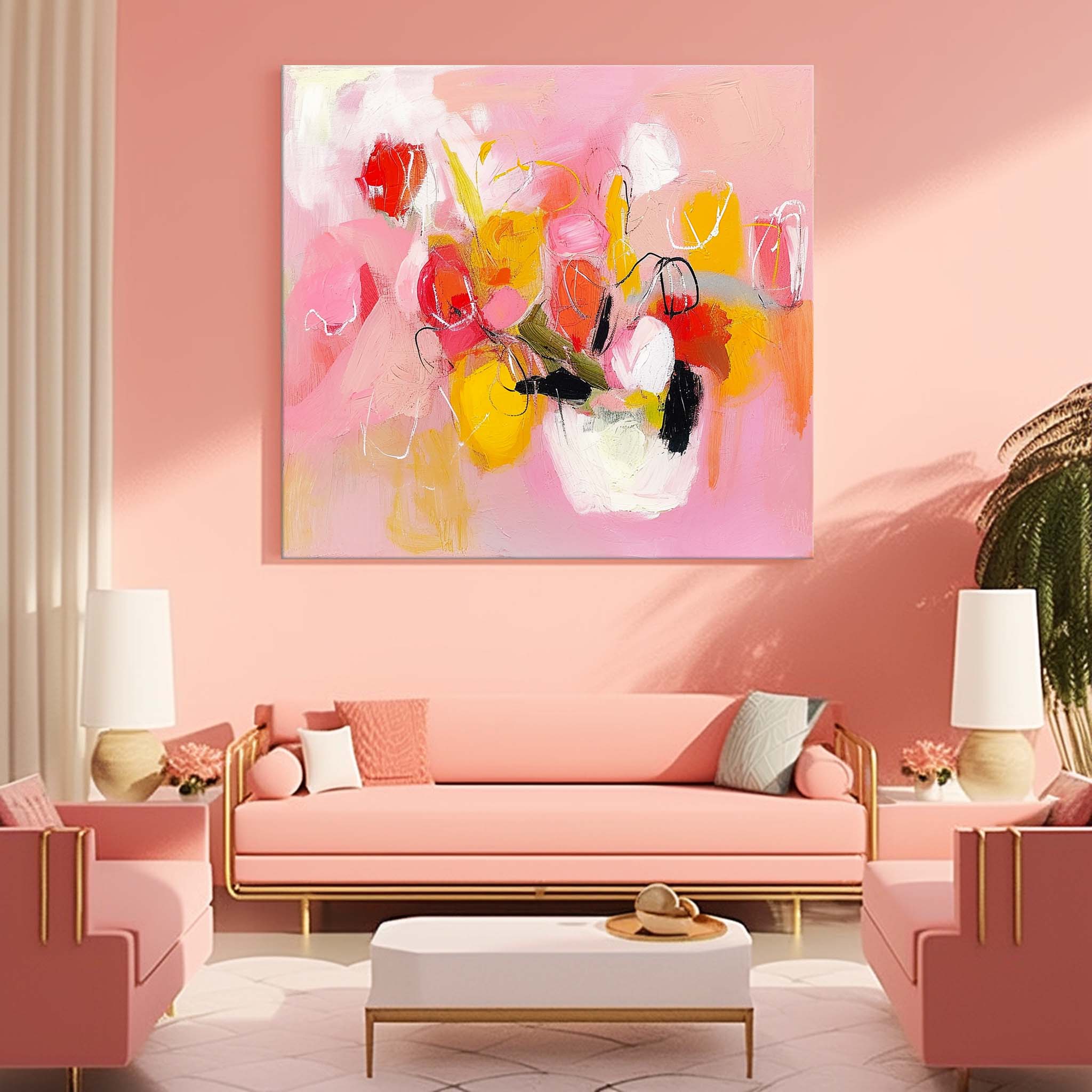 Square Abstract Graffiti Oil Painting Bright Pink Large Acrylic Painting Canvas Original Modern Wall Art For Living Room