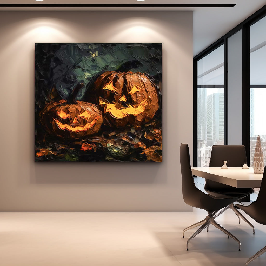 Large Pumpkin Head Square Texture Abstract Wall Art Framed Modern Abstract Canvas Painting Holiday Decorations