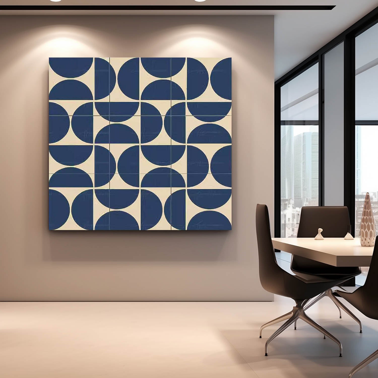 Blue Geometry Modern Minimalist Canvas Acrylic Painting Large Regular Semicircle Abstract Wall Art Framed