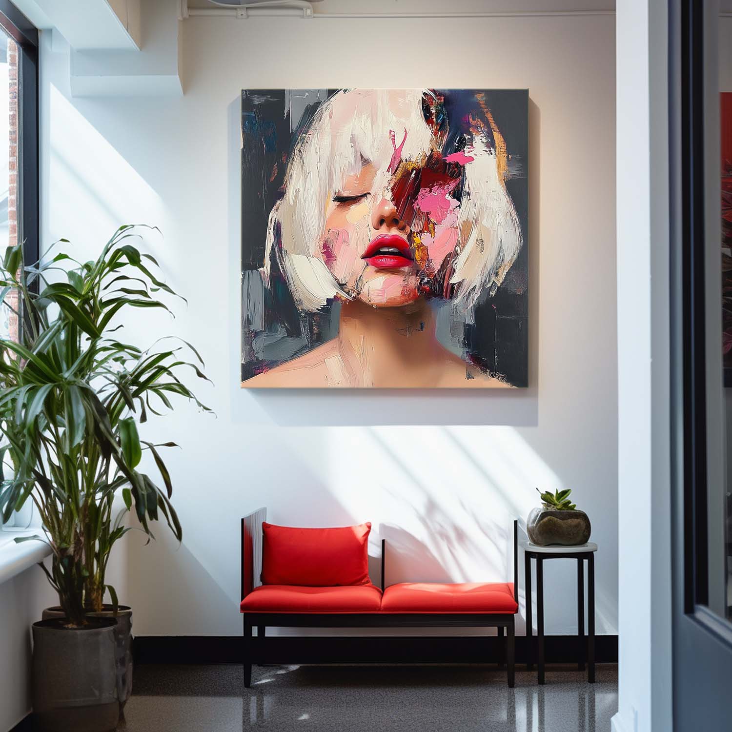 Square Large Short Hair Girl Portrait Artwork Beautiful Lady Abstract Wall Art Origina Acrylic Painting Canvas