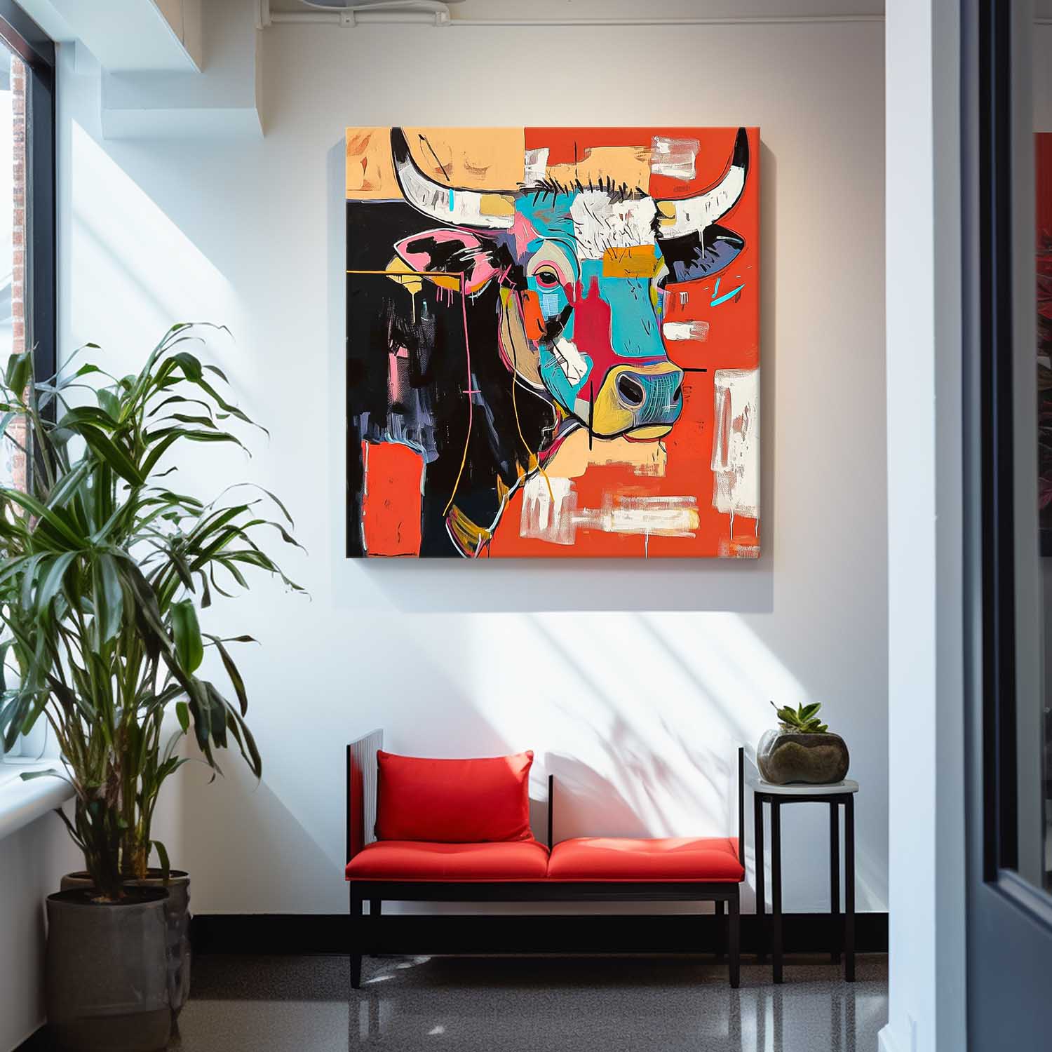 Square Ox Oil Painting Canvas Original Lovely Cow Wall Art Large Colorful Animal Artwork Home Decor