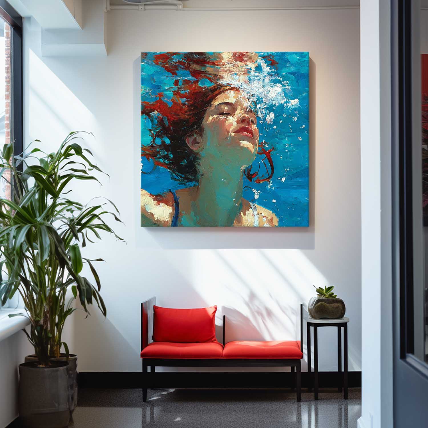 Square Diving In Ocean Girl Acrylic Painting Lady Artwork Original Woman swimming Wall Art For Living Room