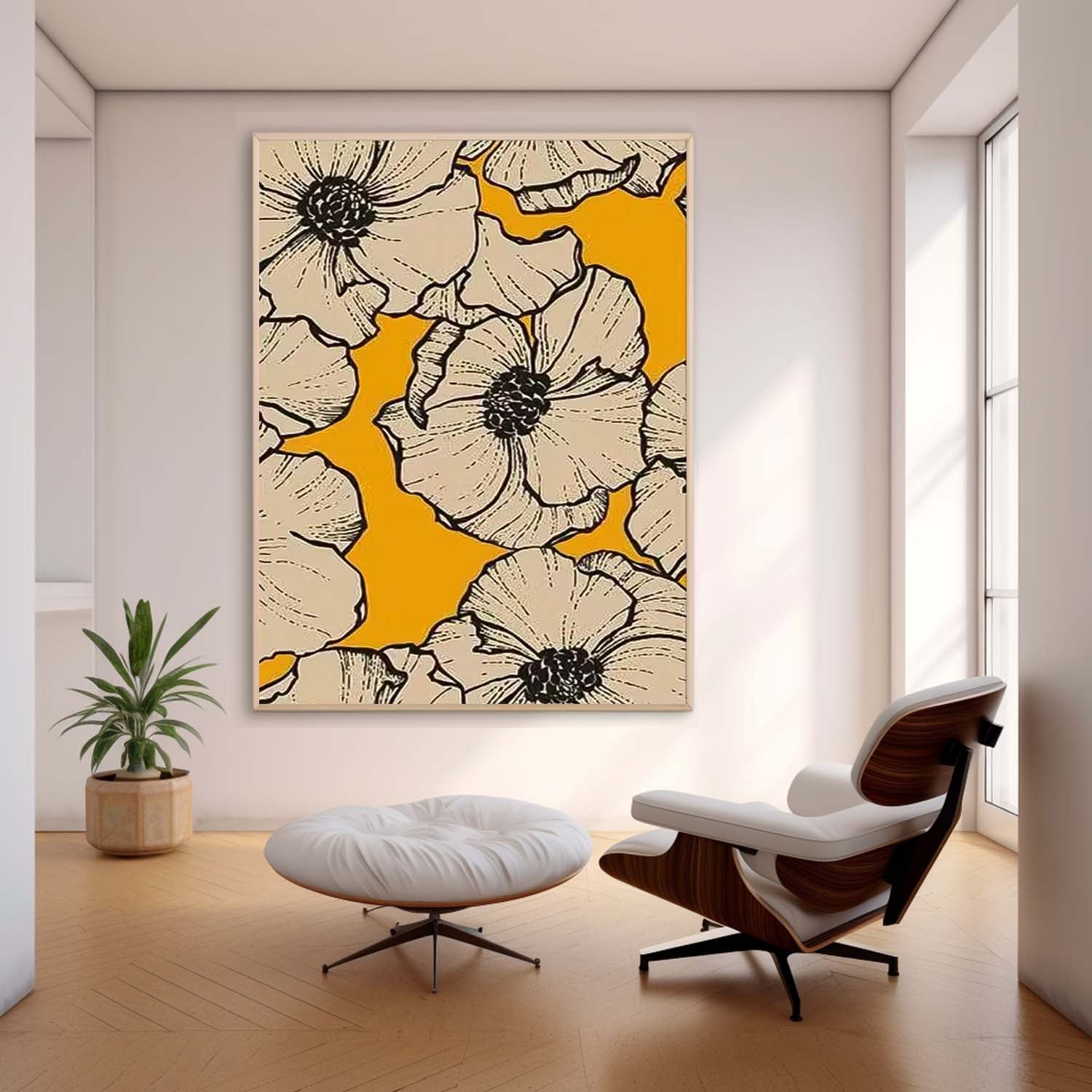 Abstract Yellow Oil Painting On Canvas Oversize Original Minimalism Beautiful Floral Artwork Home Decor