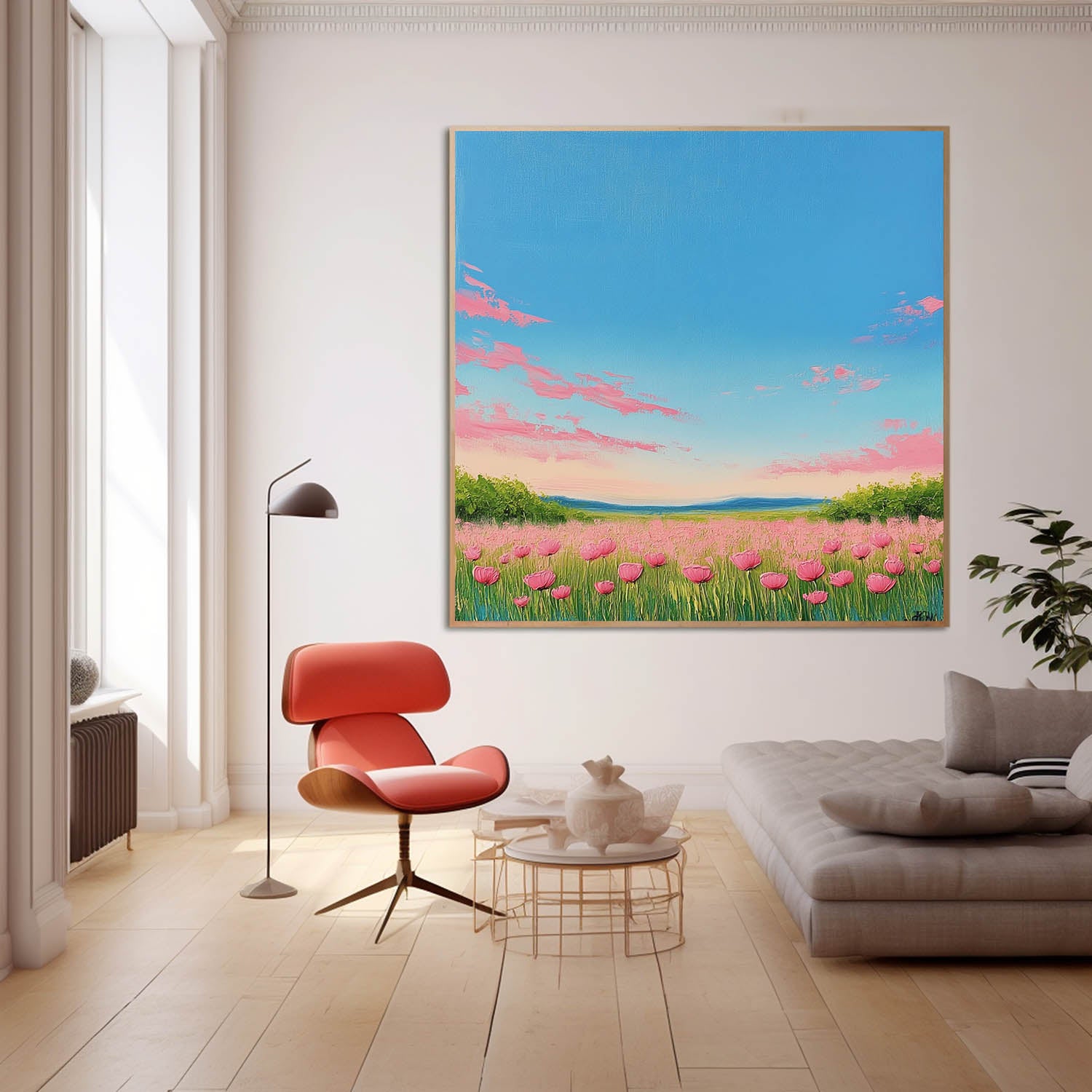 Wildflower Field Scenery Oil Painting Sunset Landscape painting Muted Country Field Wall Art Nature Artwork