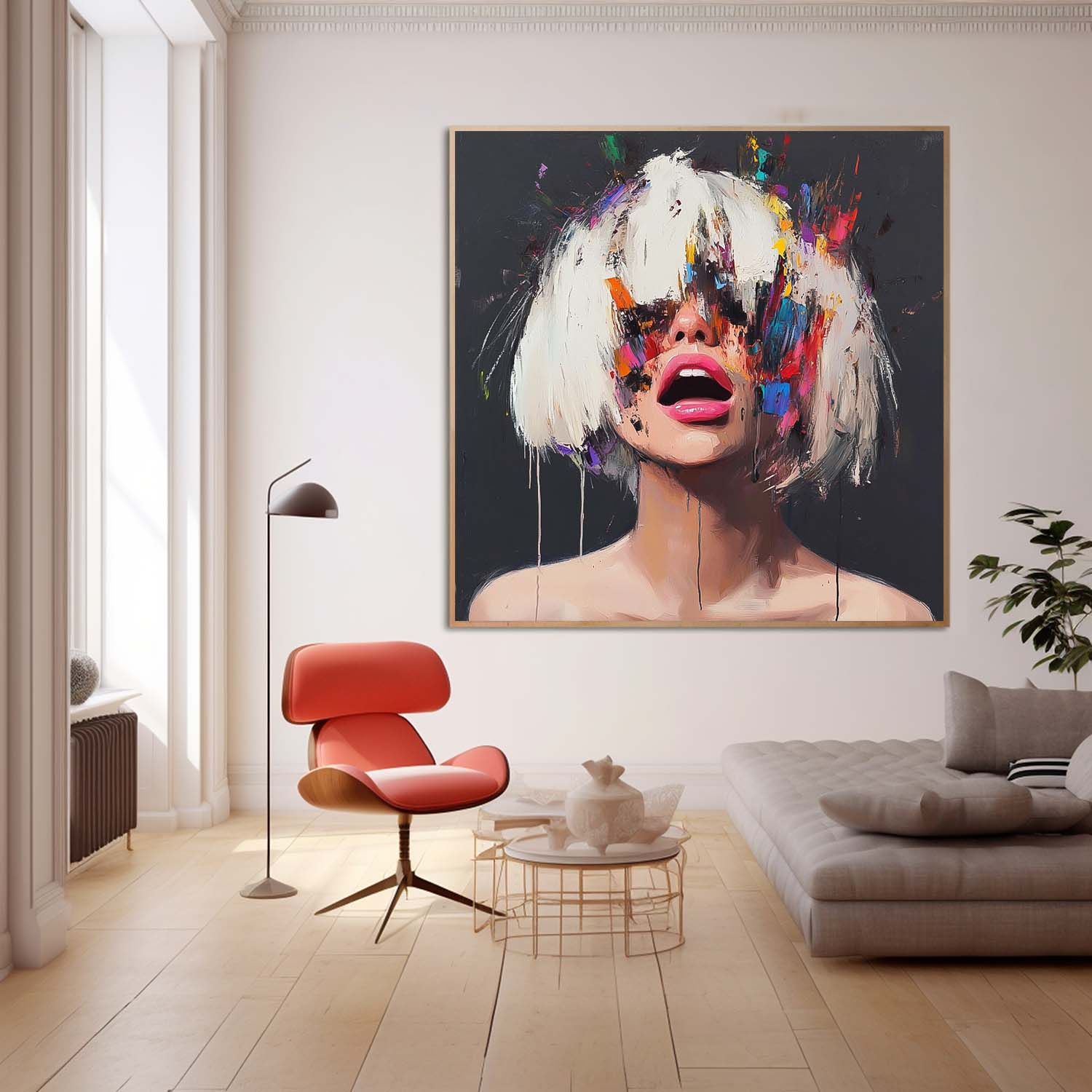 Beautiful Lady Abstract Wall Art Square Large Short Hair Girl Portrait Artwork Origina Acrylic Painting Canvas