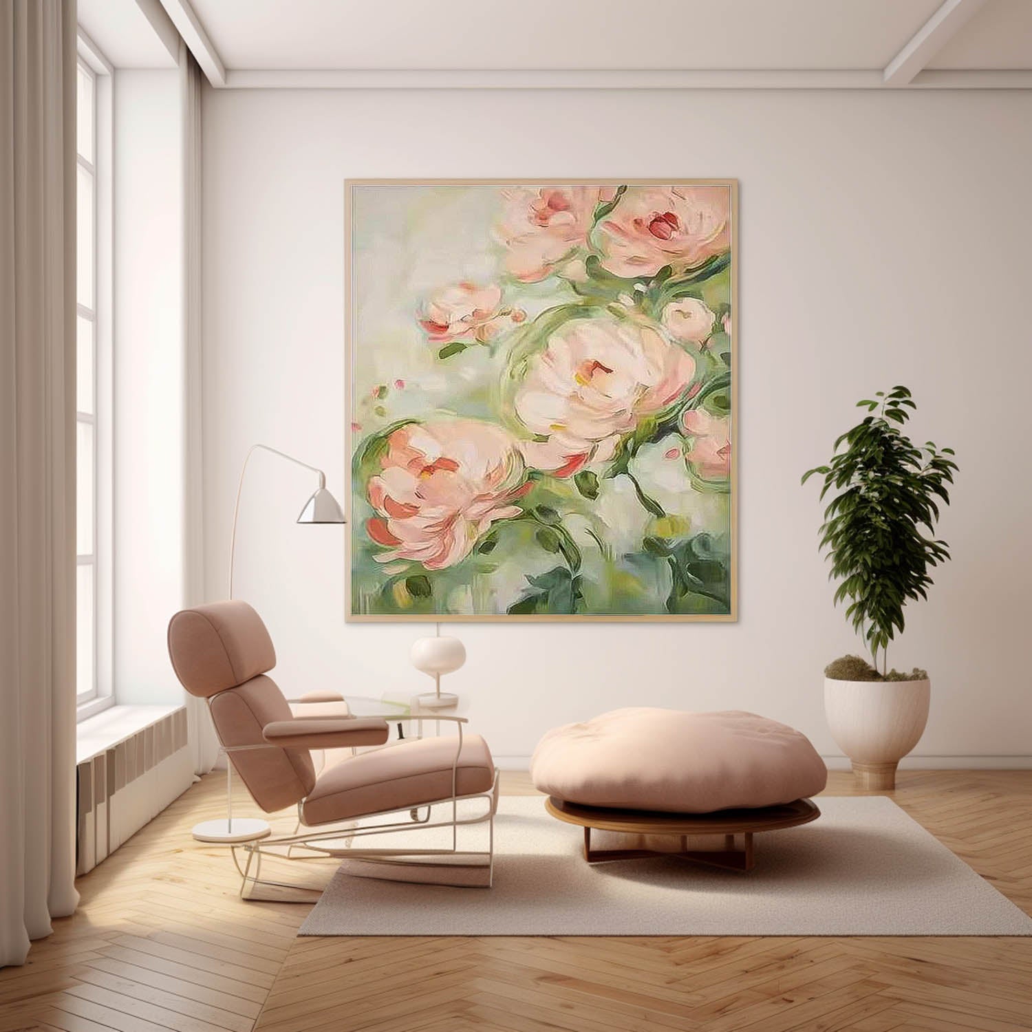 Cute Pink Flowers Textured Abstract Wall Art  Modern Floral Acrylic Painting Framed Home Decor