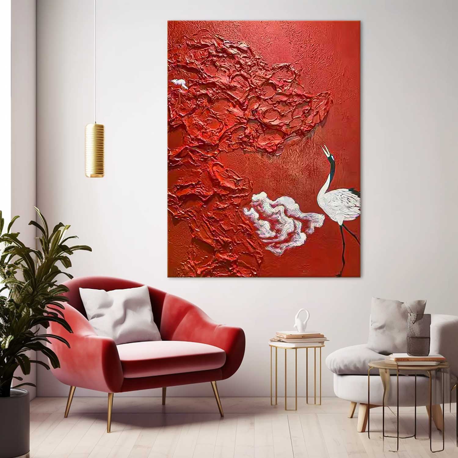 Bright Red Oil Painting Modern Thick Texture Crane Oil Painting Impressionist  Crane Animal Wall Art