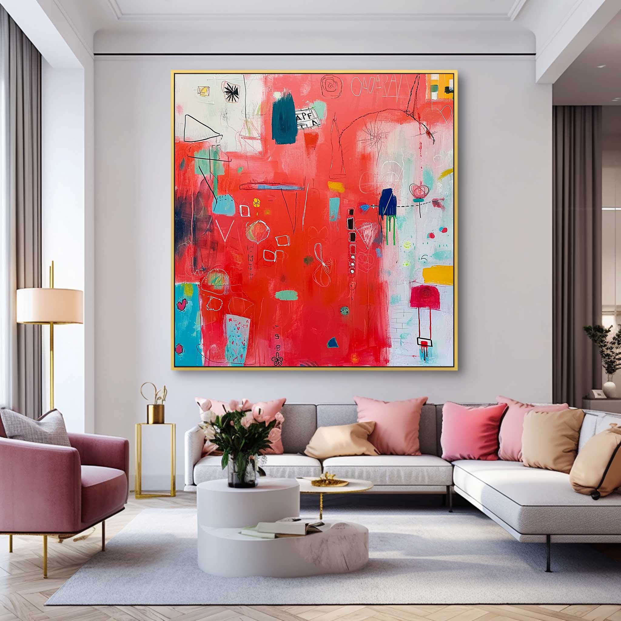 New Red Abstract Painting Contemporary Abstract Oil Painting Funny Doodles Original Wall Art Home Decor