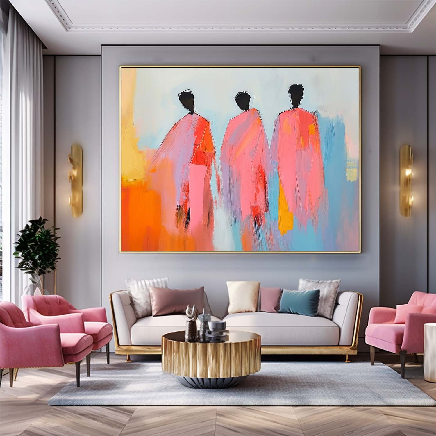 Modern Minimal Abstract Oil Painting Contemporary Gallery Wall Art Pink Figure View Of Back Home Decor
