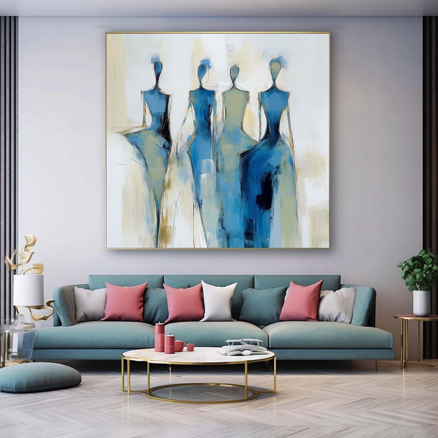 Square Large Portrait Artwork Original Blue Figure Acrylic Painting Canvas Abstract Wall Art Decor