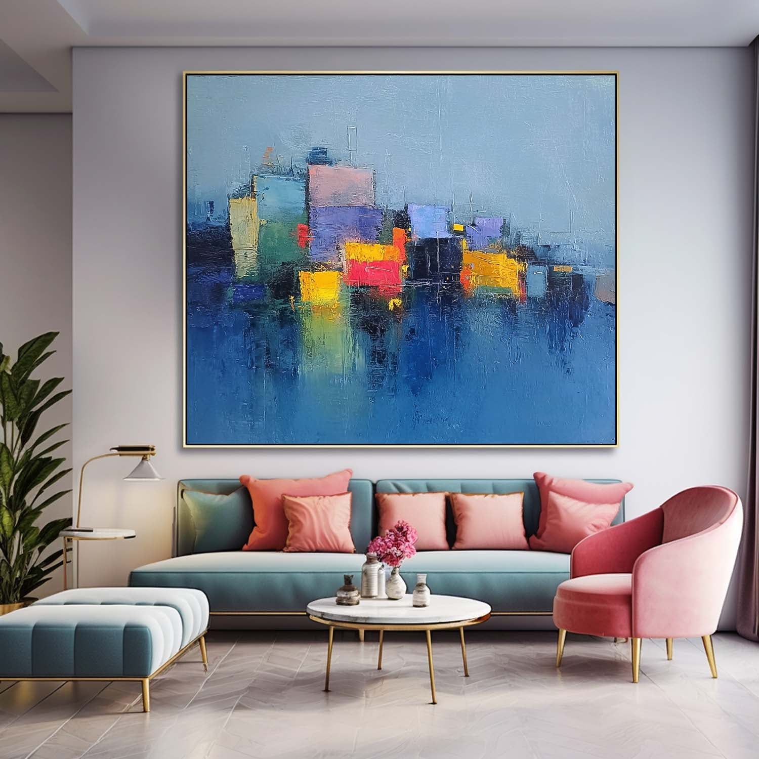 Modern Abstract Cityscape Oil Painting Large Texture Painting On Canvas Blue Wall Art Living Room Decor