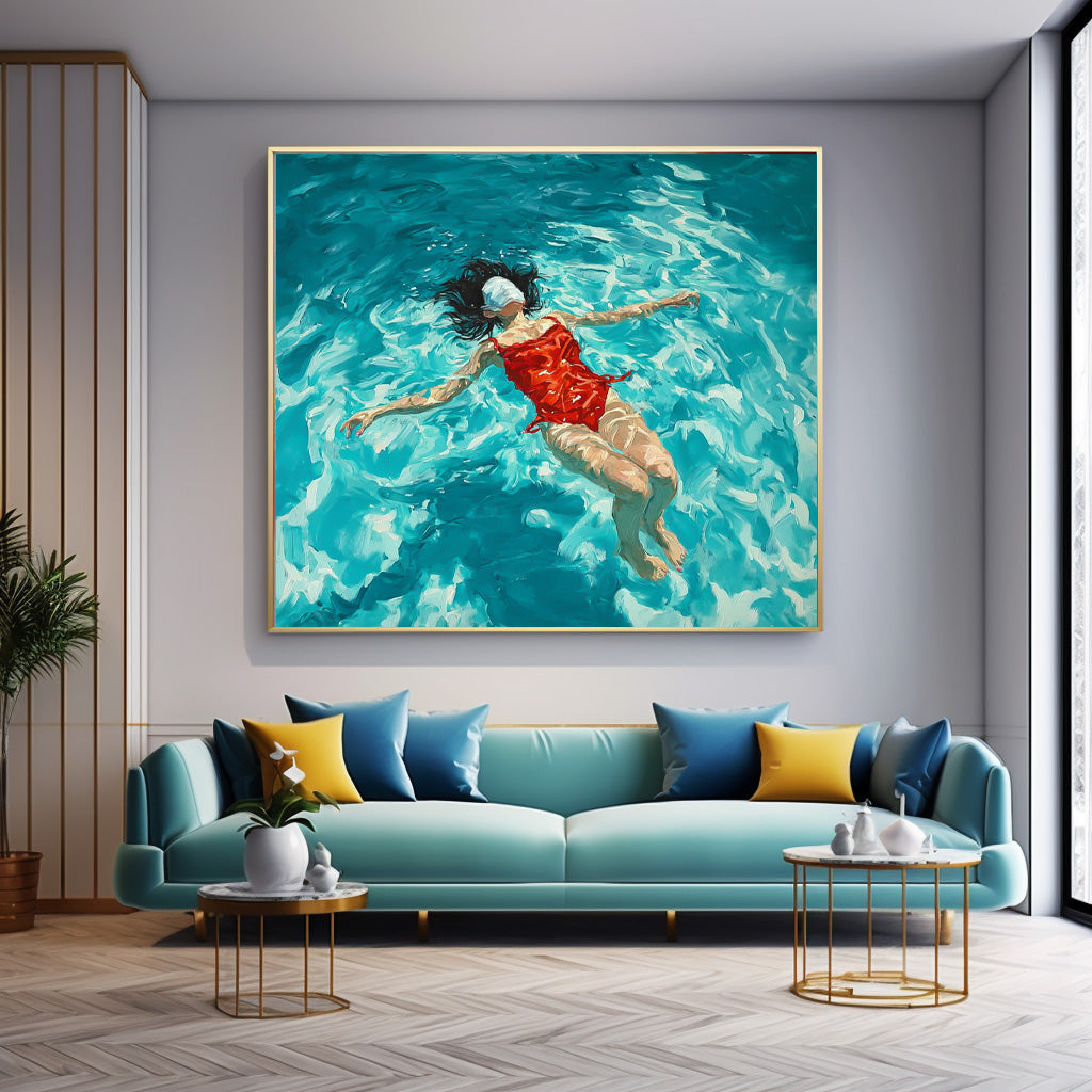 Square Diving In Ocean Sensual Woman Acrylic Painting Original Girl swimming Wall Art Pretty Lady Artwork