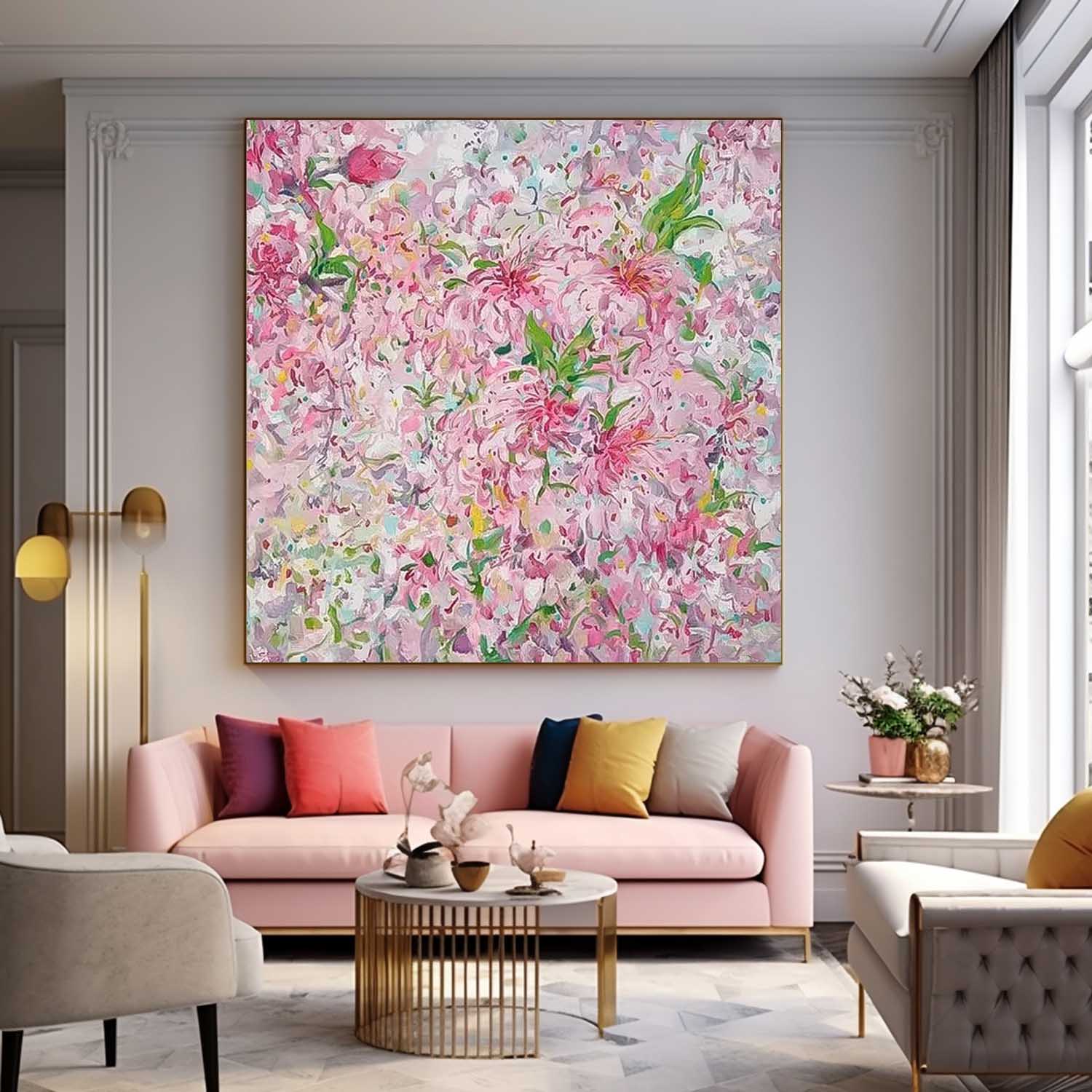 Square Pink Original Flower Wall Art Large Floral Acrylic Painting Modern Floral Oil Painting On Canvas