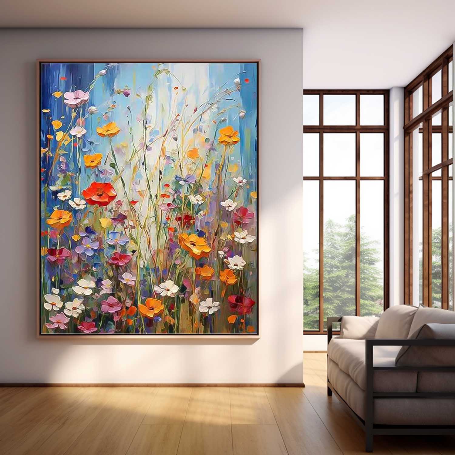 Color Floral Textured Abstract Acrylic Wall Art Custom Impasto Painting On Canvas Framed For Sale