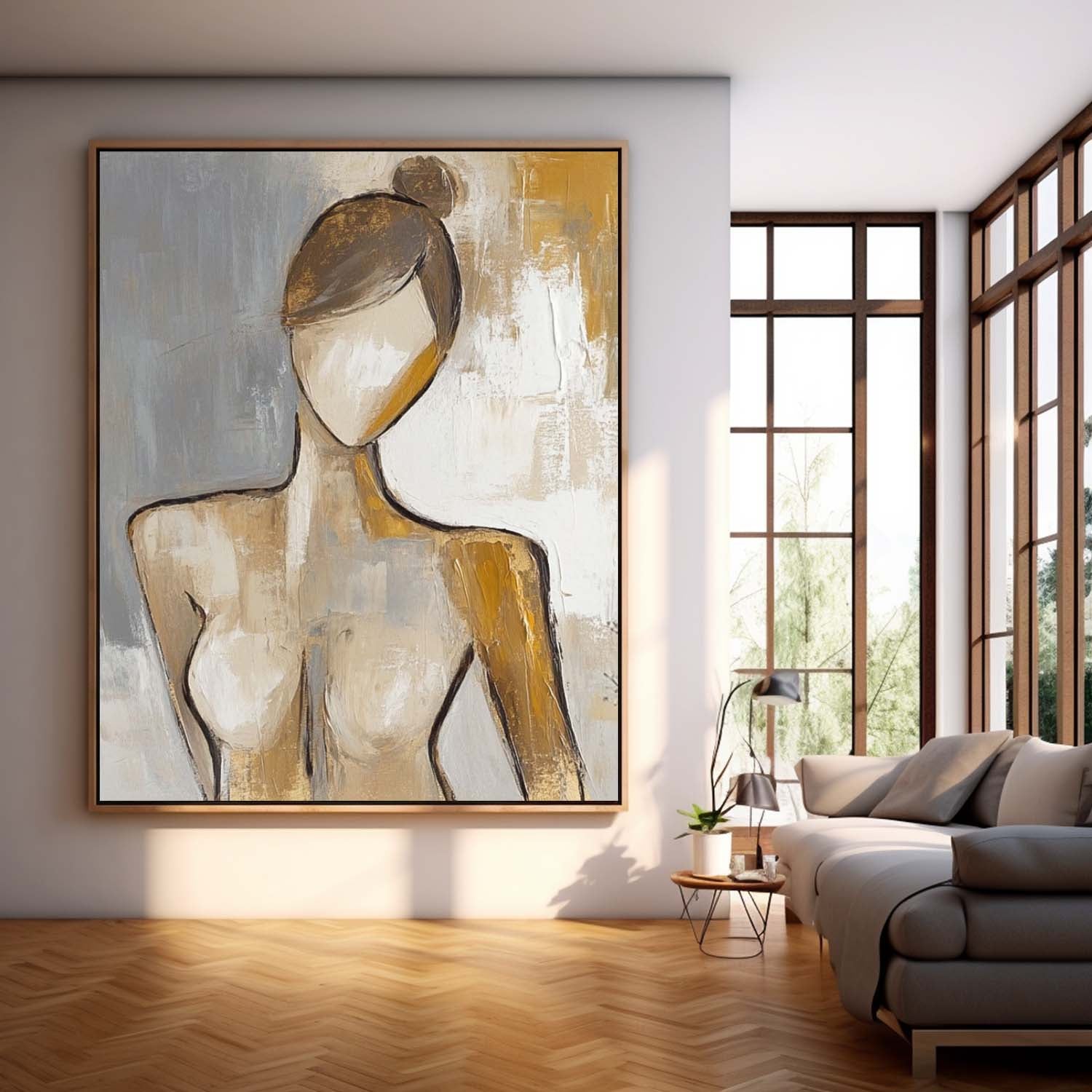 Original Contemporary Woman Wall Art Abstract Lady Artwork Large Character Outline Acrylic Painting Framed