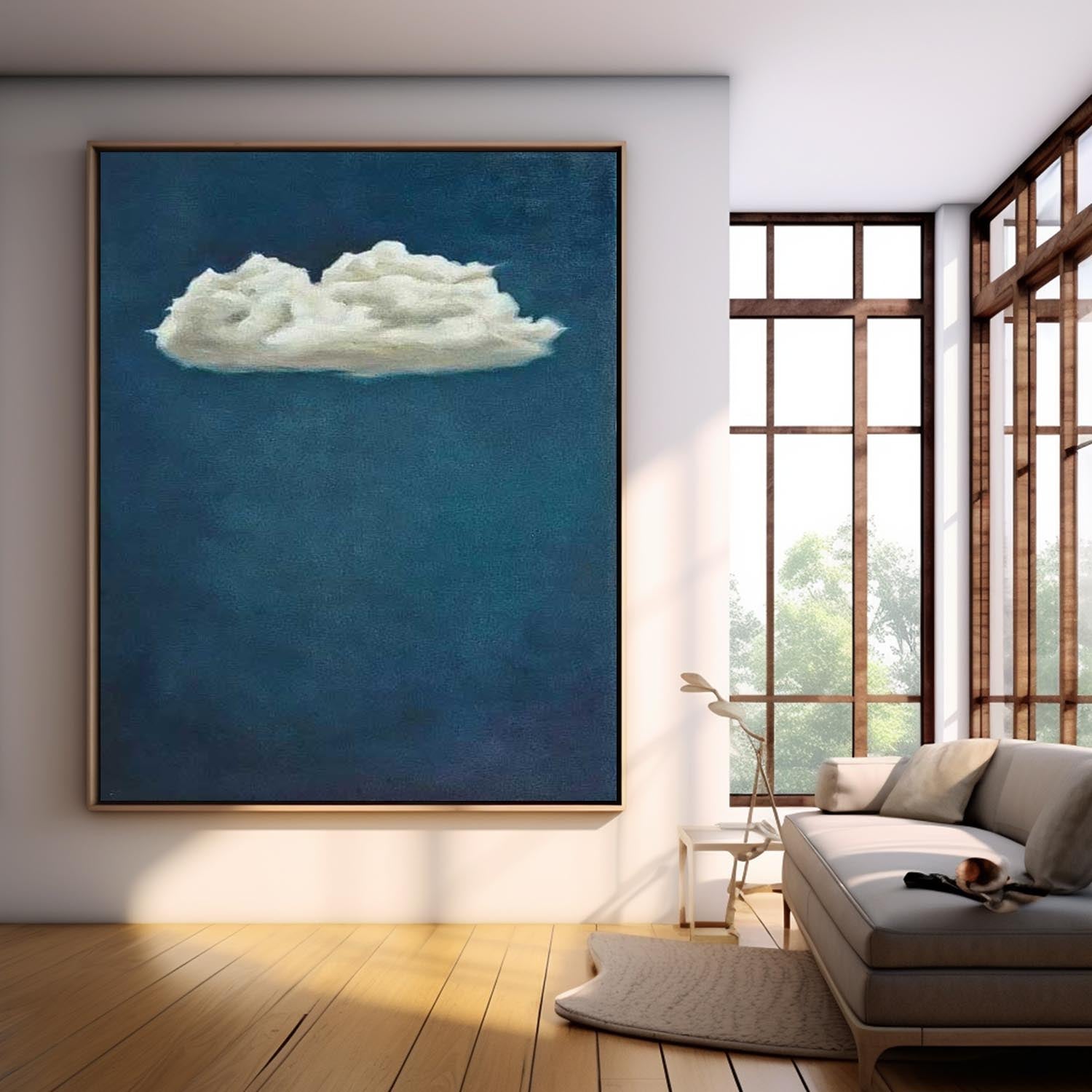 Original Hand-Painted Artwork Large Blue Wall Art Minimalist White Clouds Abstract Canvas Oil Painting