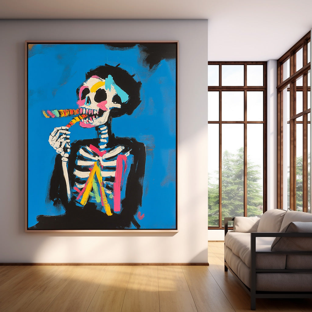 Colorful Original Abstract Wall Art Lovely Skeleton Painting Large Acrylic Painting Framed Unique Home Decor