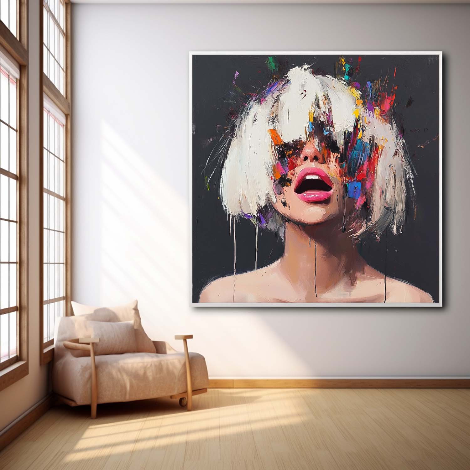 Beautiful Lady Abstract Wall Art Square Large Short Hair Girl Portrait Artwork Origina Acrylic Painting Canvas