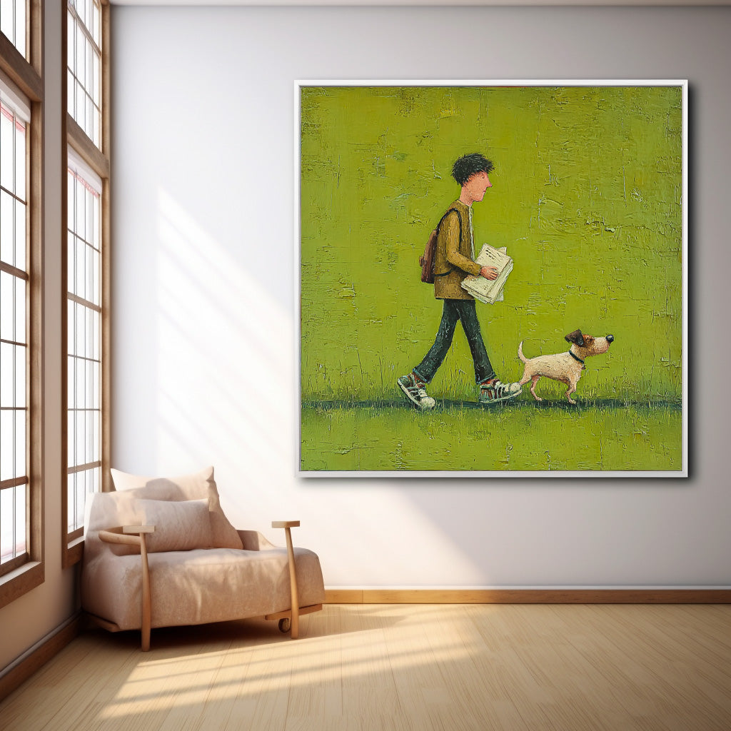 Abstract Warm And Peaceful atmosphere Landscape Green Grassland Wall Art Minimalist Boy Walking The Dog Painting