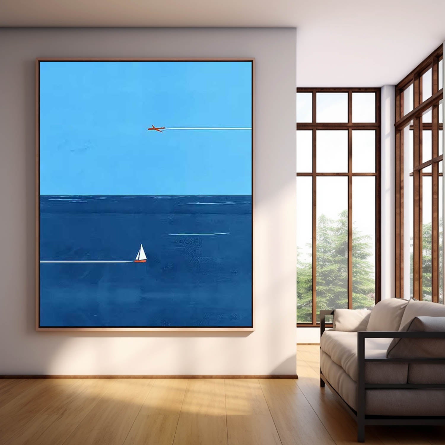 Blue Minimalist Canvas Oil Painting Large Maritime Abstract Acrylic Painting Original Living Room Wall Art