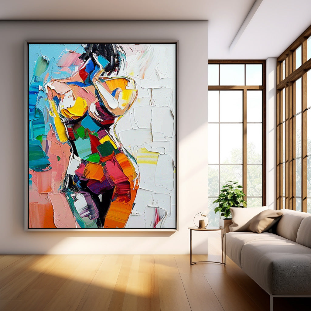 Figure Abstract Painting Colorful Texture Girl Wall Art Lady Oil Painting On Canvas Framed For Living Room