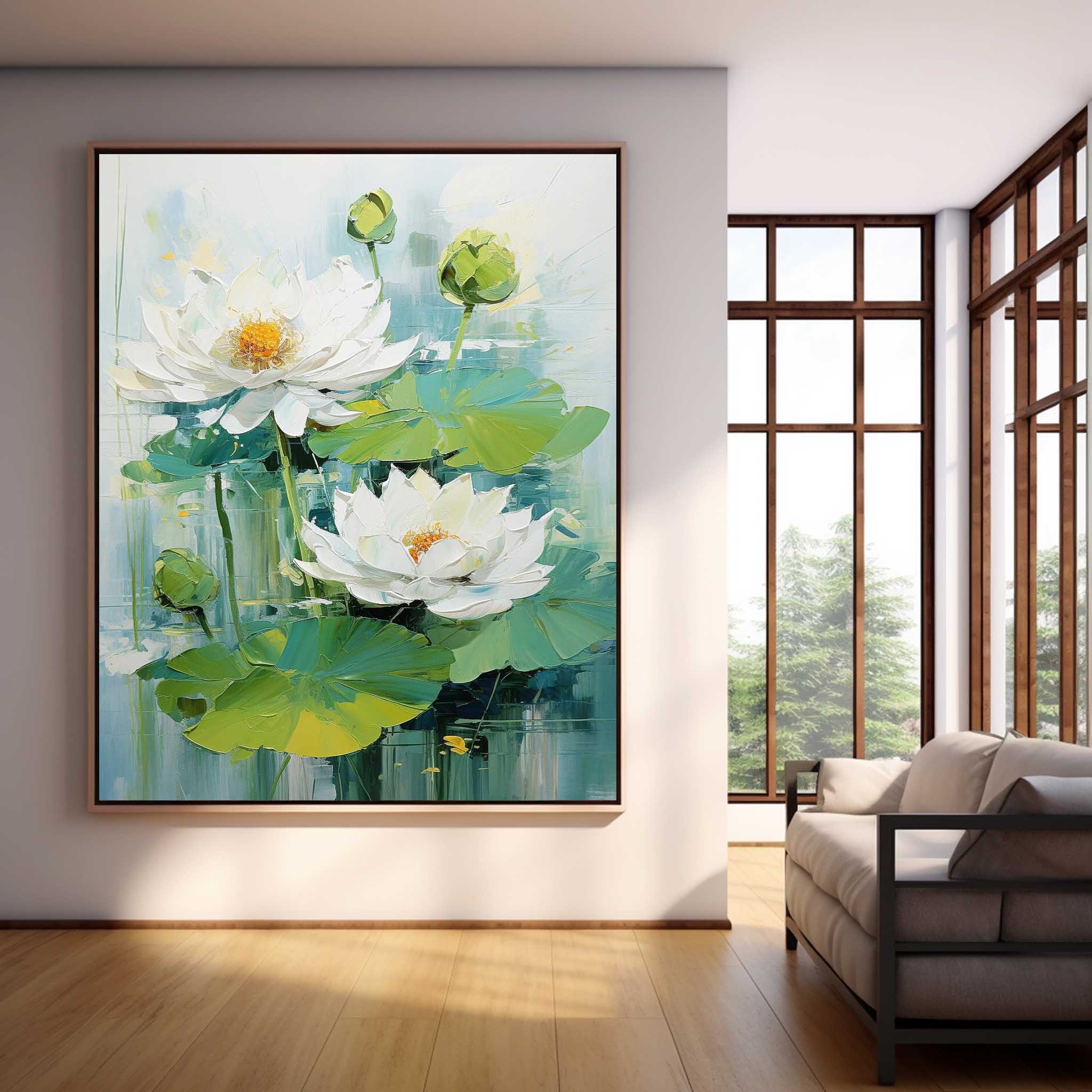 Lotus Painting Framed Large White Flower Wall Art Abstract Flower Acrylic Painting Textured Floral Painting