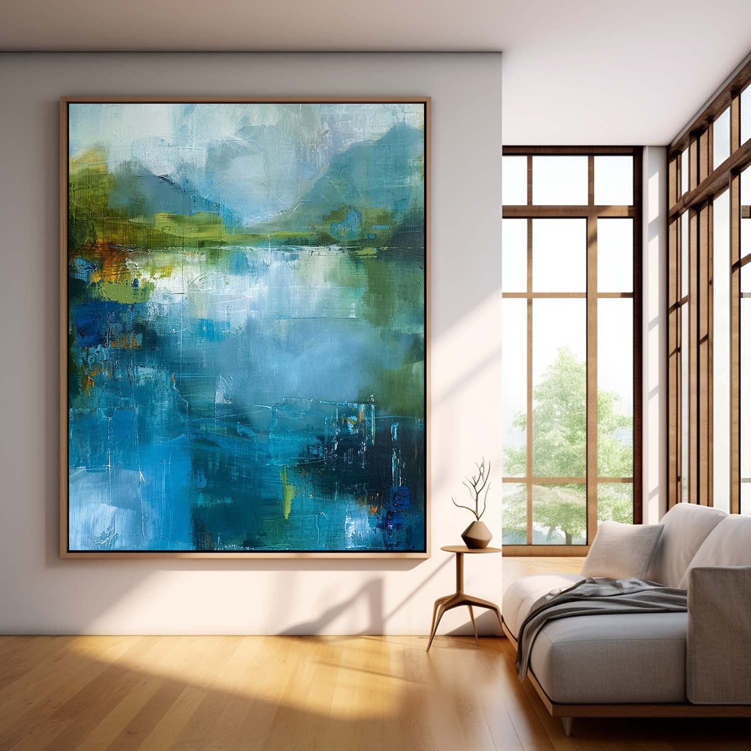 Original Green And Blue Vertical Scenery Painting Modern Landscape Wall Art Large Abstract Painting On Canvas