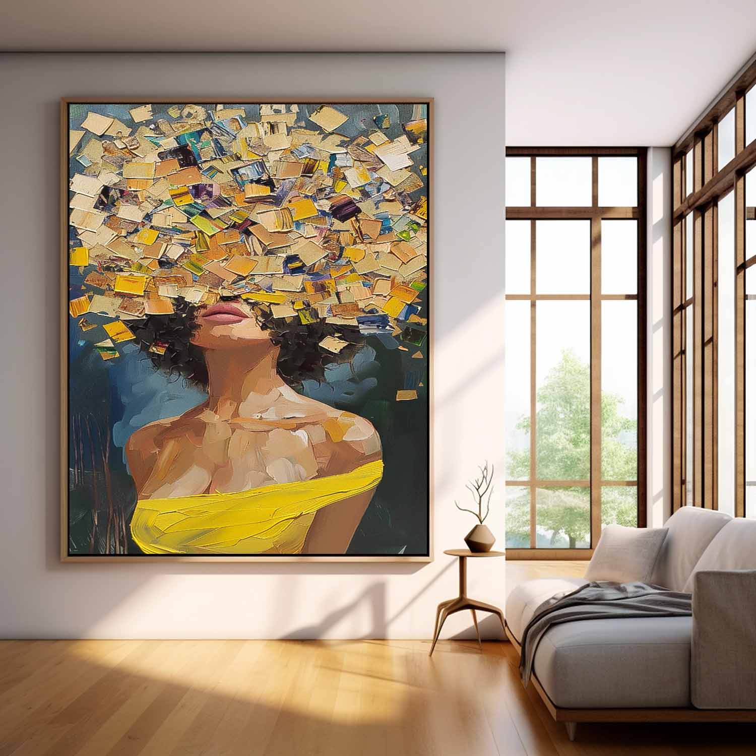 Original Lady Wall Art Abstract Yellow Profile Artwork Large Portrait Painting Framed For Living Room