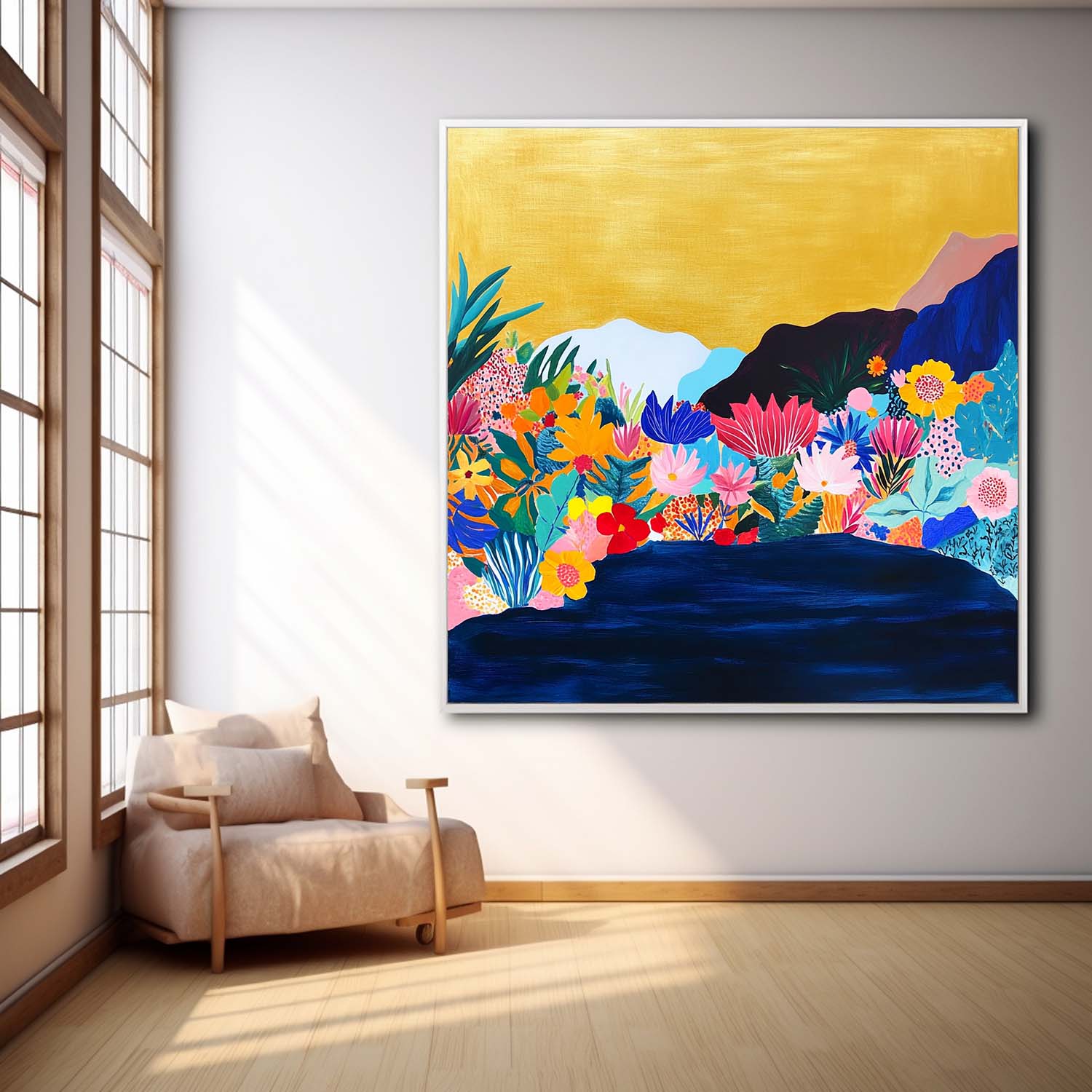 Large Illustration style Wall Art Floral Painting on Canvas Original Flower Bush Botanical Square Artwork