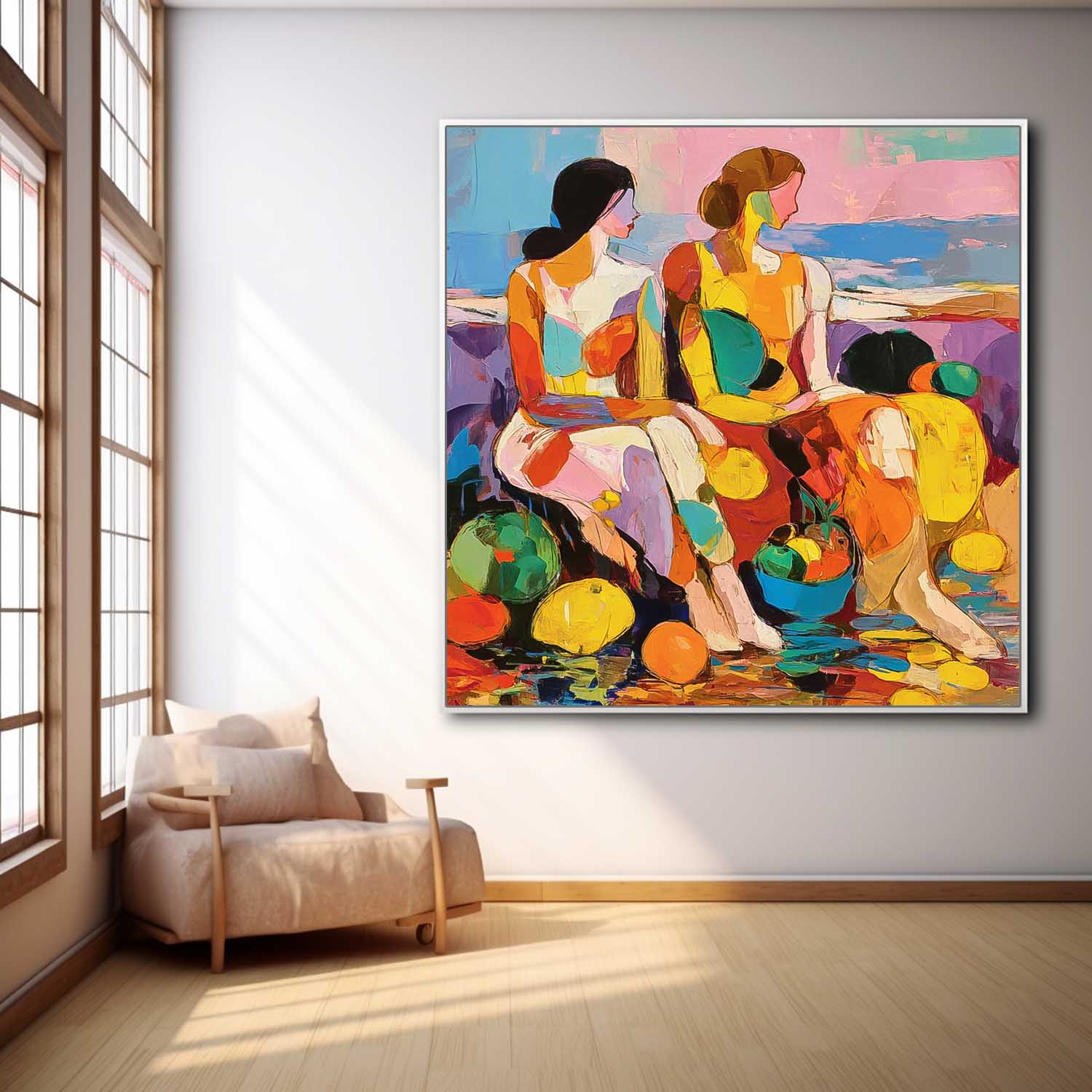 Large Colorful Abstract Women Painting Square Fruit Still Life Wall Art Original Figure Artwork