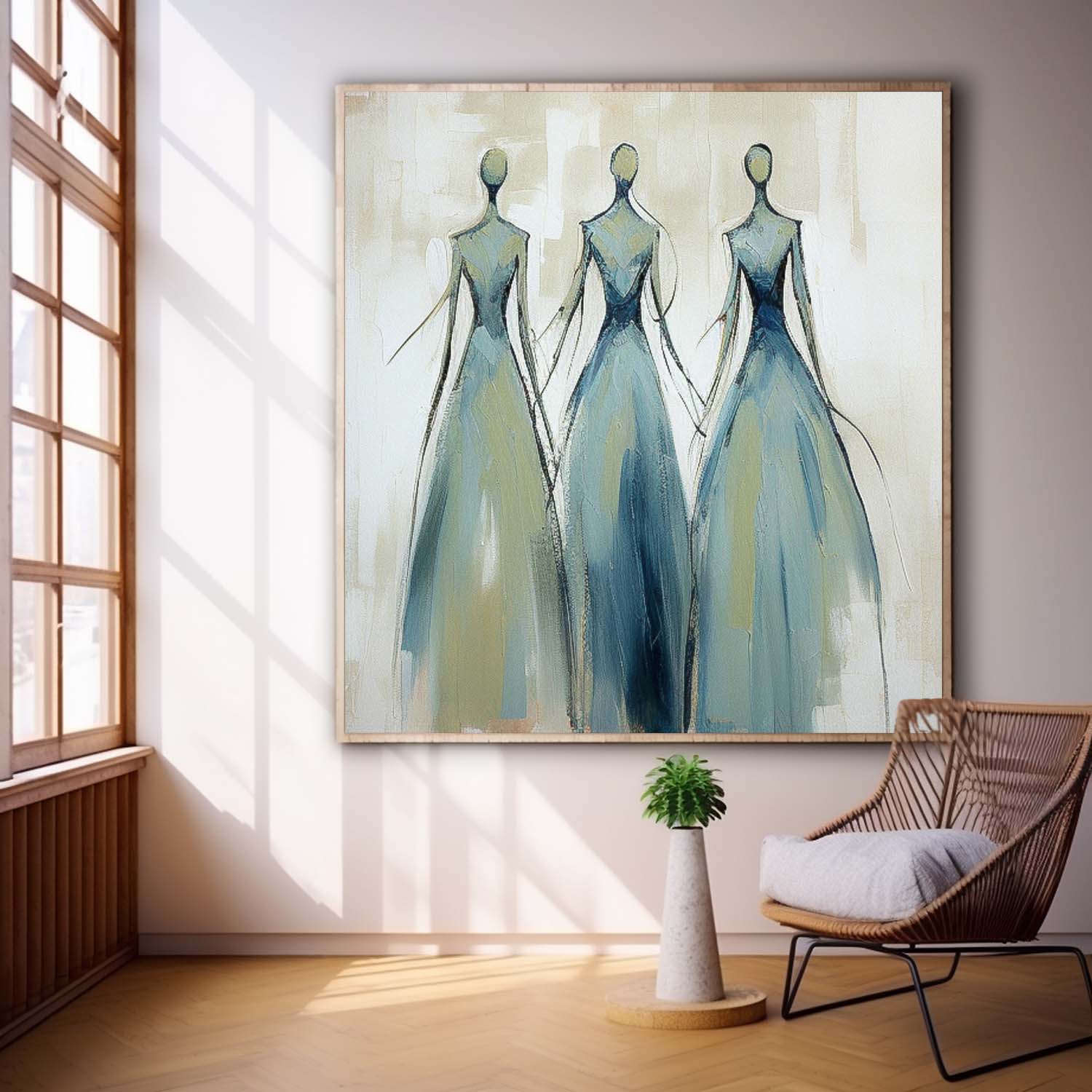 Original Blue Figure Acrylic Painting Canvas Colorful Abstract Wall Art Square Large Portrait Artwork