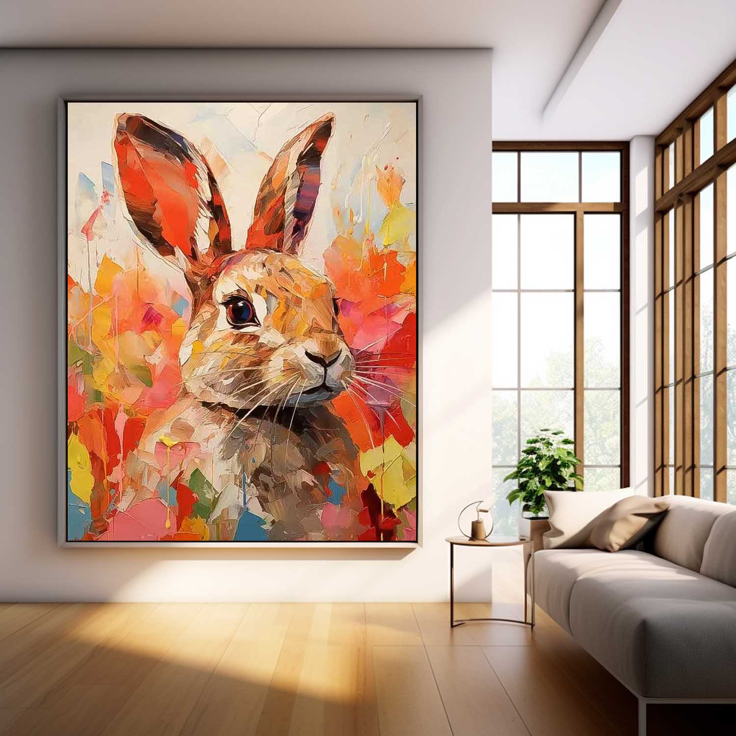 Bright Red Rabbit Oil Painting Modern Colorful Texture Animal Oil Painting Impressionist Bunny Wall Art
